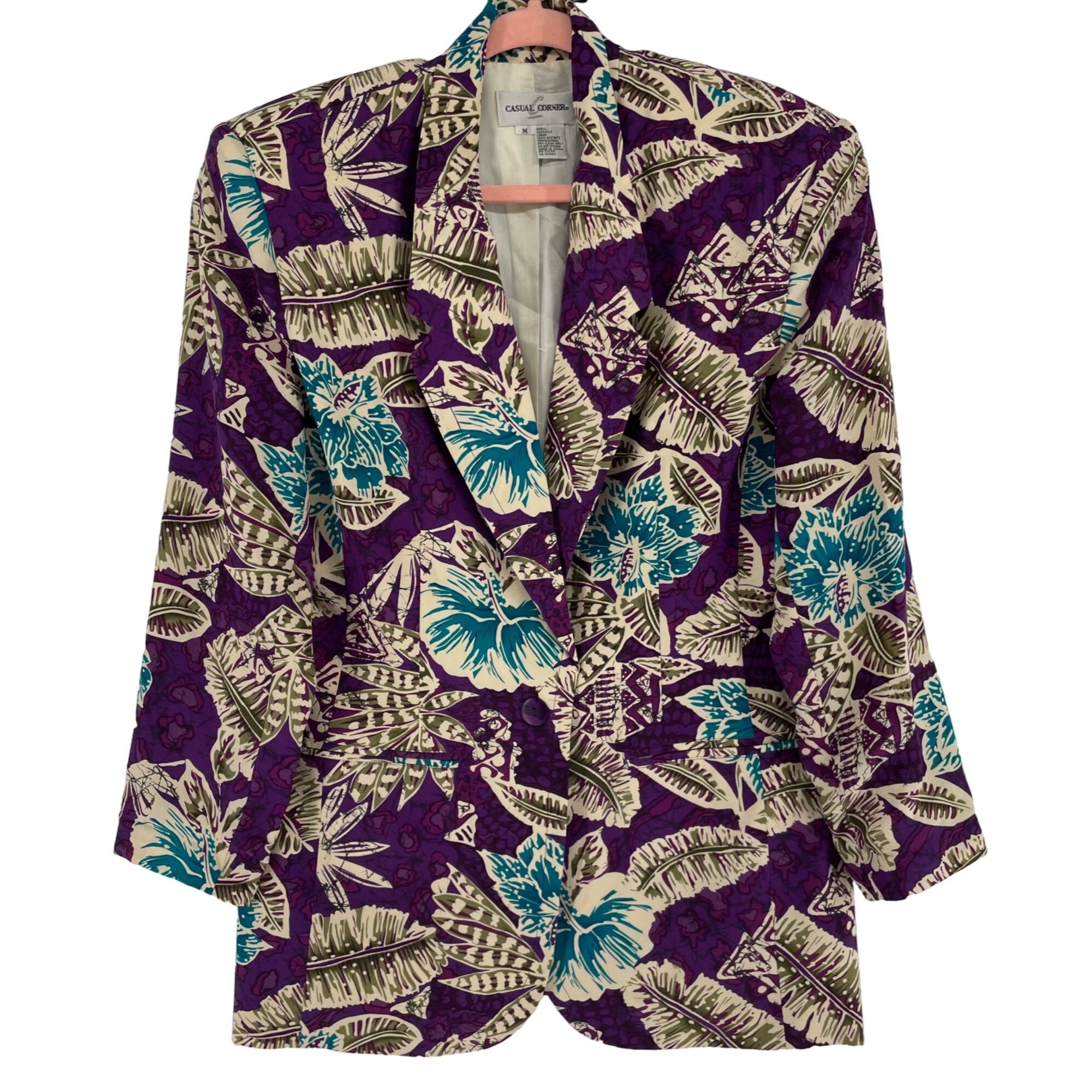 Casual Corner Women's Size Medium Purple/Teal/Olive/Tan Tropical Floral Silk Blazer