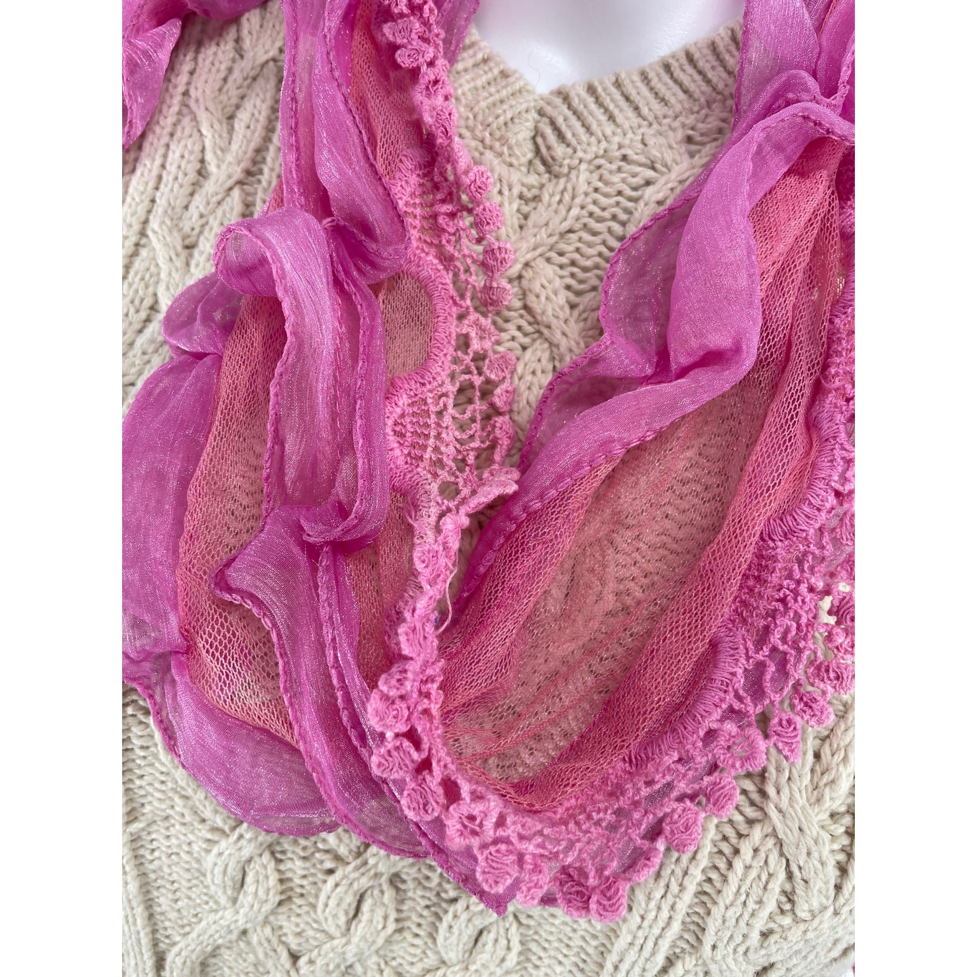 Women's Pink Embroidered Sheer Frilly Scarf