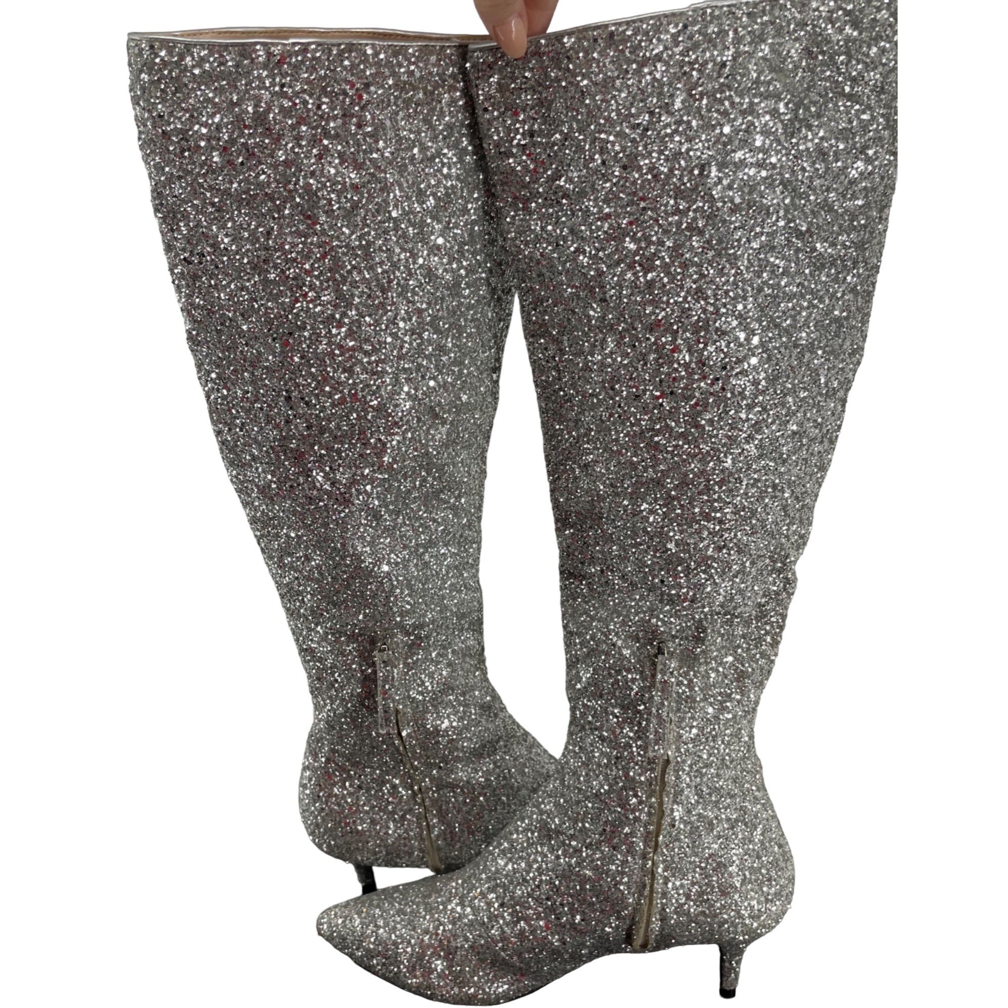 Women's Size 10 Sparkly Silver Knee-High Pointed Stiletto 3" High Boots