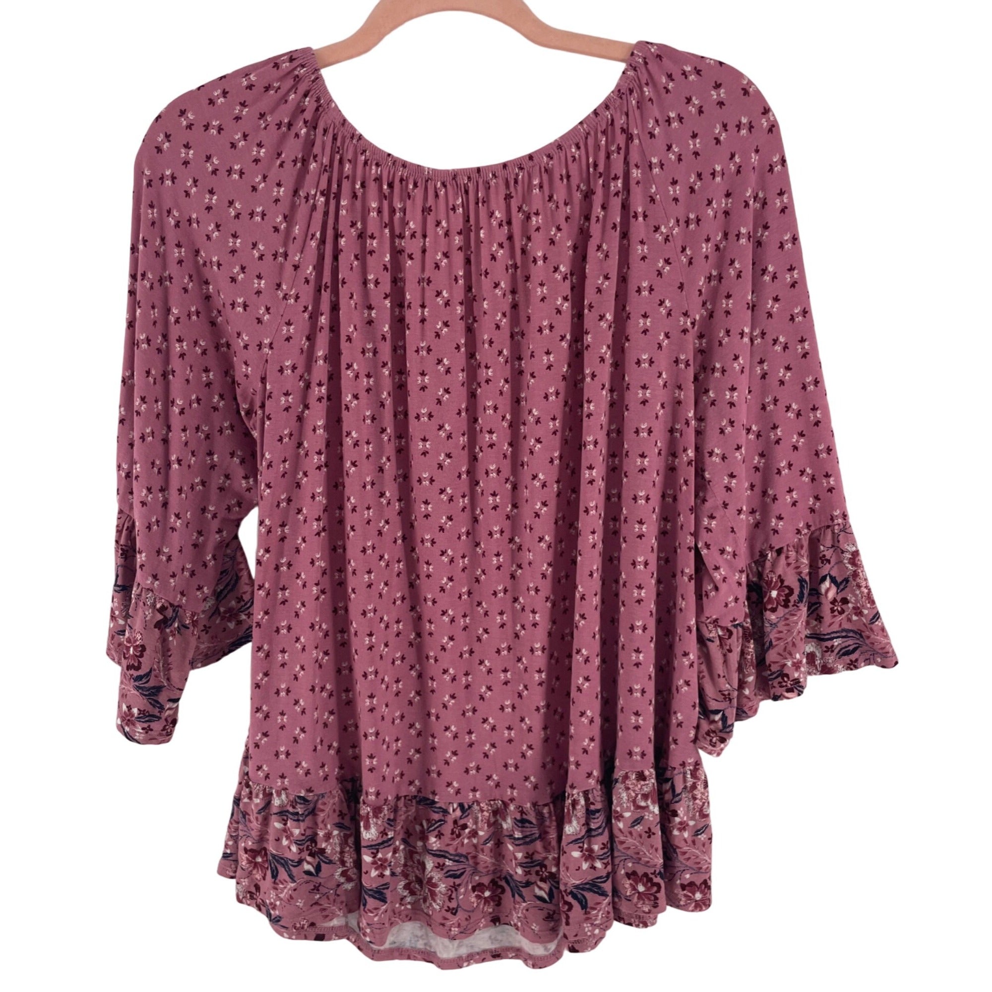 Style & Co Women's Size Large Mauve Pink/White/Navy Floral Bell Sleeve Ruffle Top