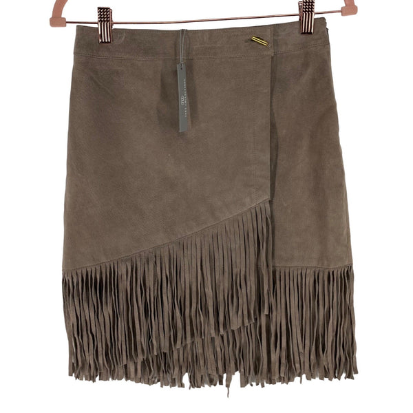 NWT Tart Collections Women's Size 0 Café Colored Suede Mini Skirt W/ Fringe Hem