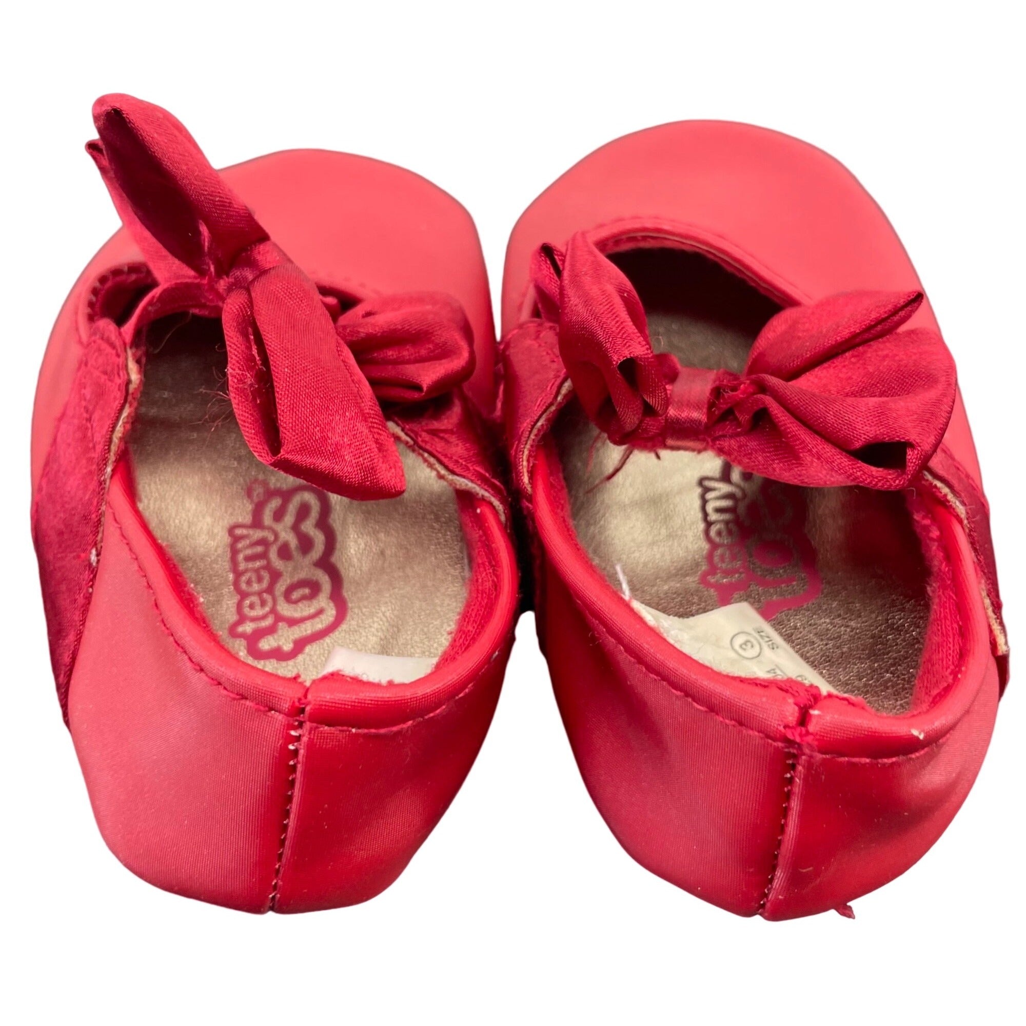 Teeny Toes Girl's Size 3T Red Flat Shoes W/ Satin Bows