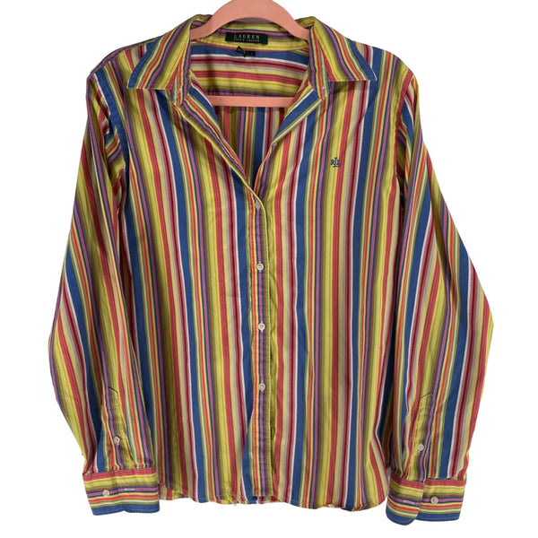 Lauren Ralph Lauren Women's Size Large Button-Down Yellow/Blue/Red Striped Shirt