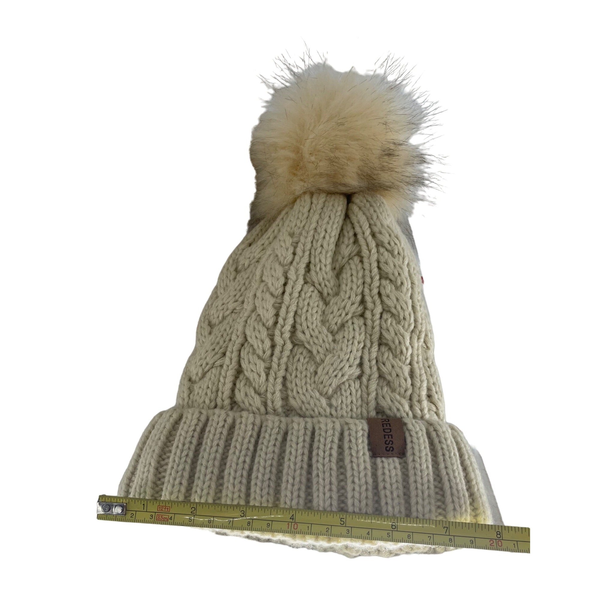 Redess Women's Size Small Cream Cable-Knit Faux Fur Pom Pom Beanie