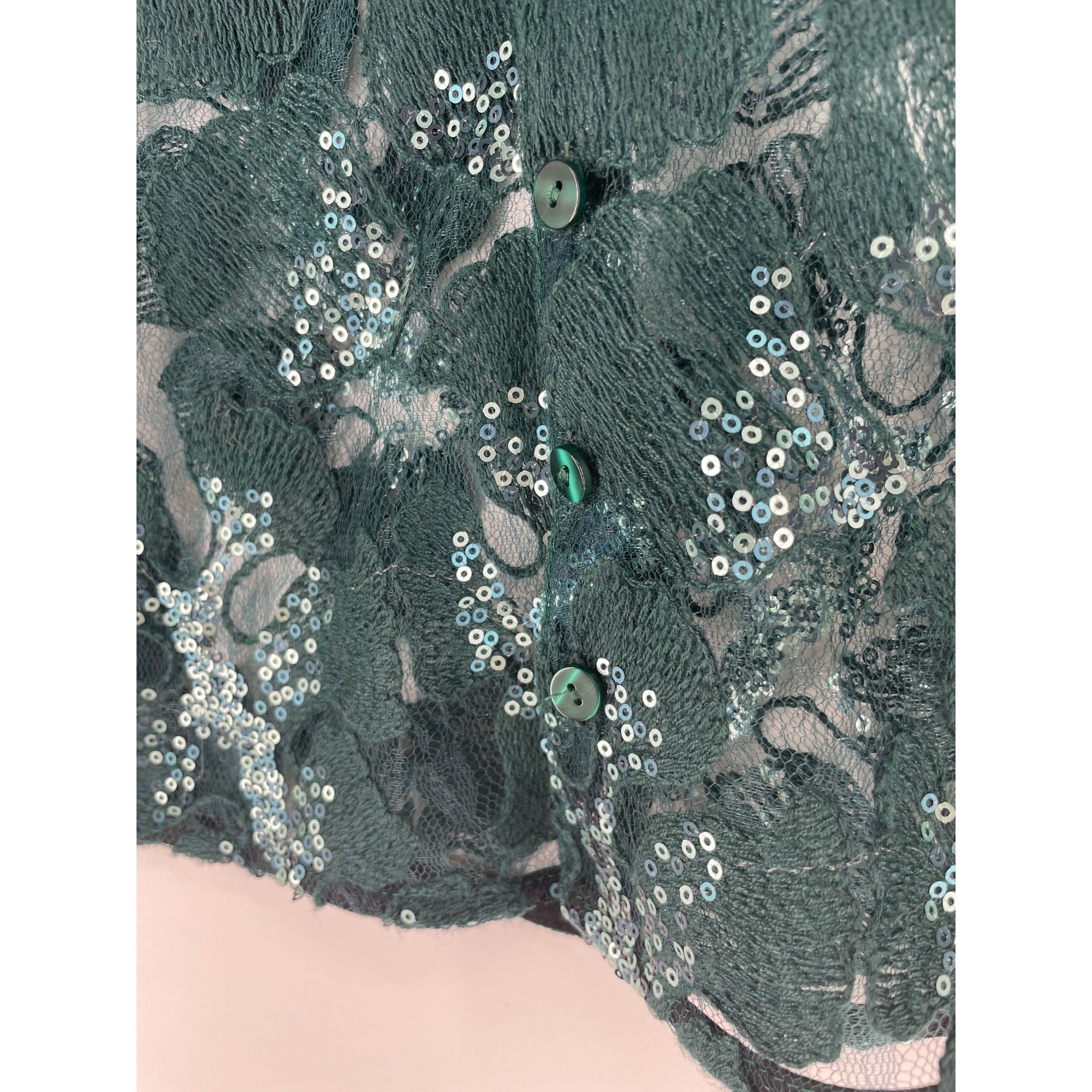 Anne Fontaine Women's Size Medium (38) Forest Green Sparkle Sheer Lace Floral Sequin Top