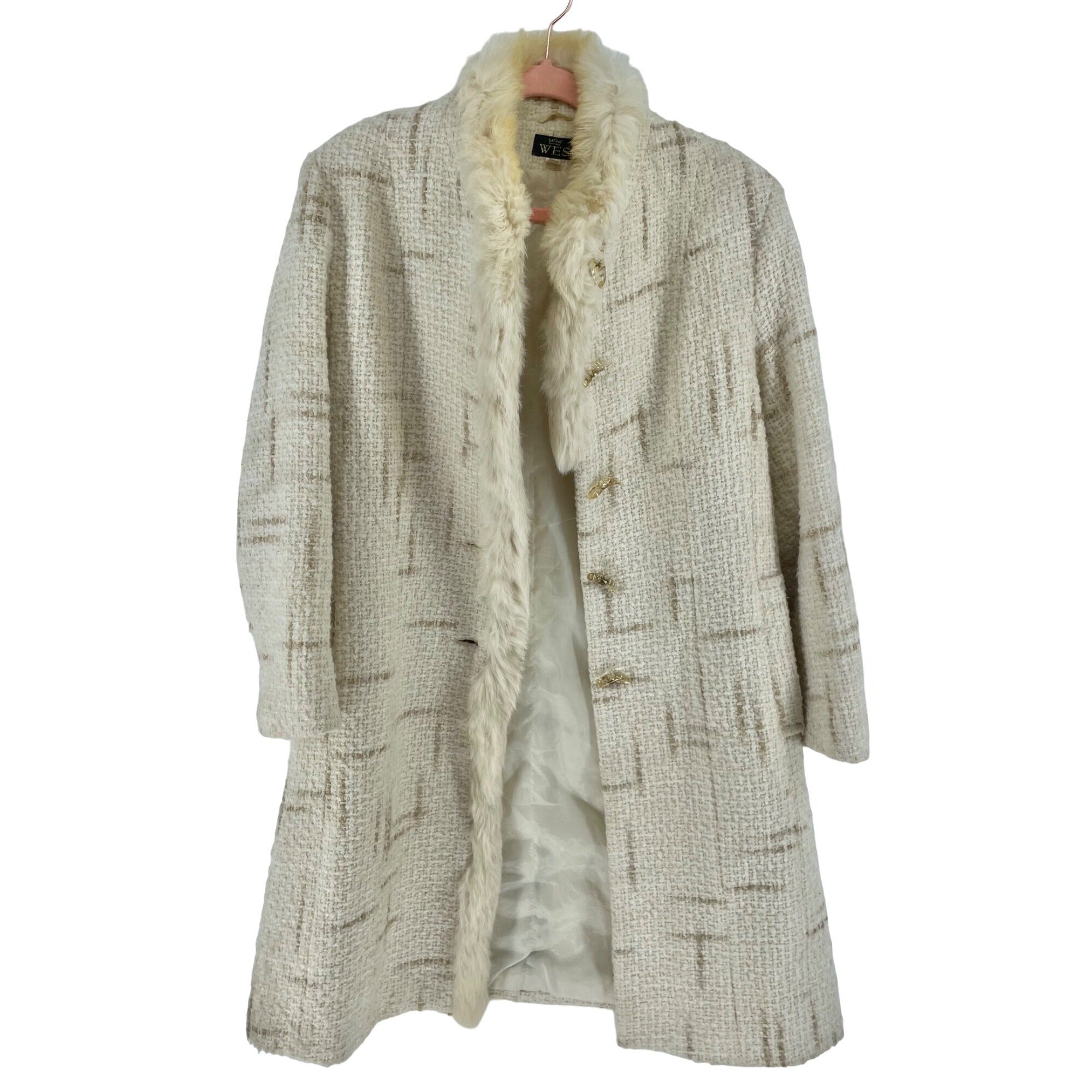 WES Women's Size 40 Cream Tweed Winter Coat with Genuine Fur Trimming