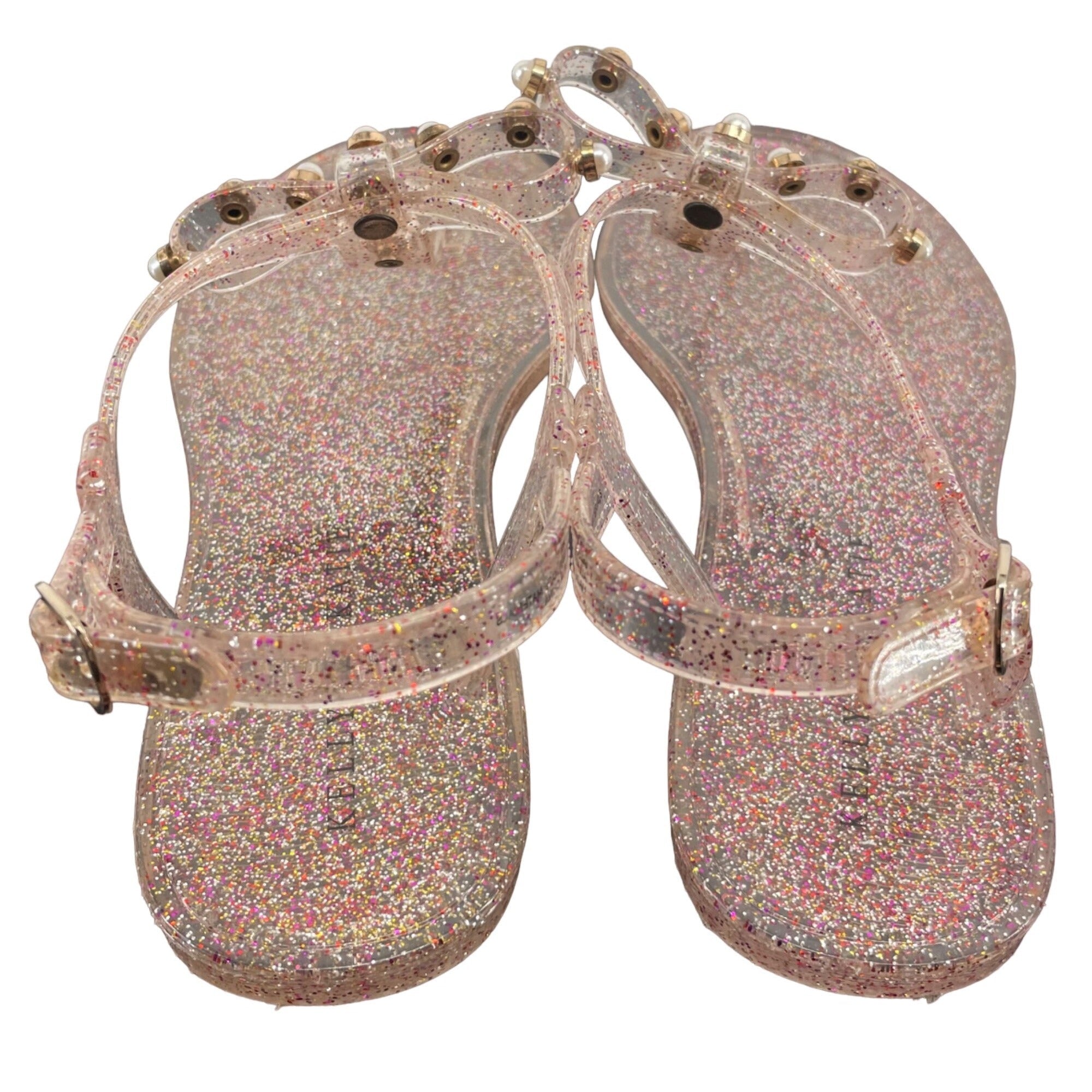 Kelly & Katie Women's Size 8 Camile Sparkly Clear Jelly Pearl Flat Sandals