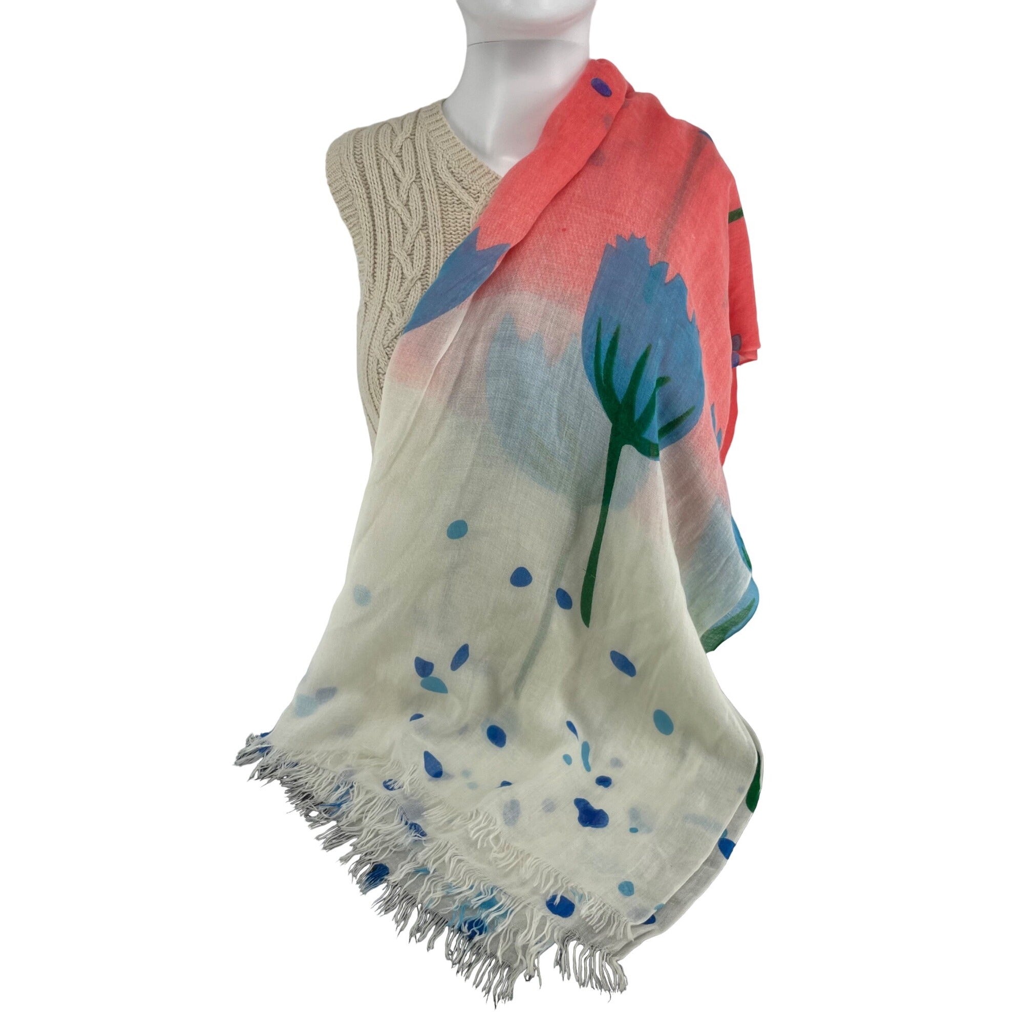 Women's Multi-Colored White Pink, Green Blue Scarf W/ Polka Dots & Fringe Hem