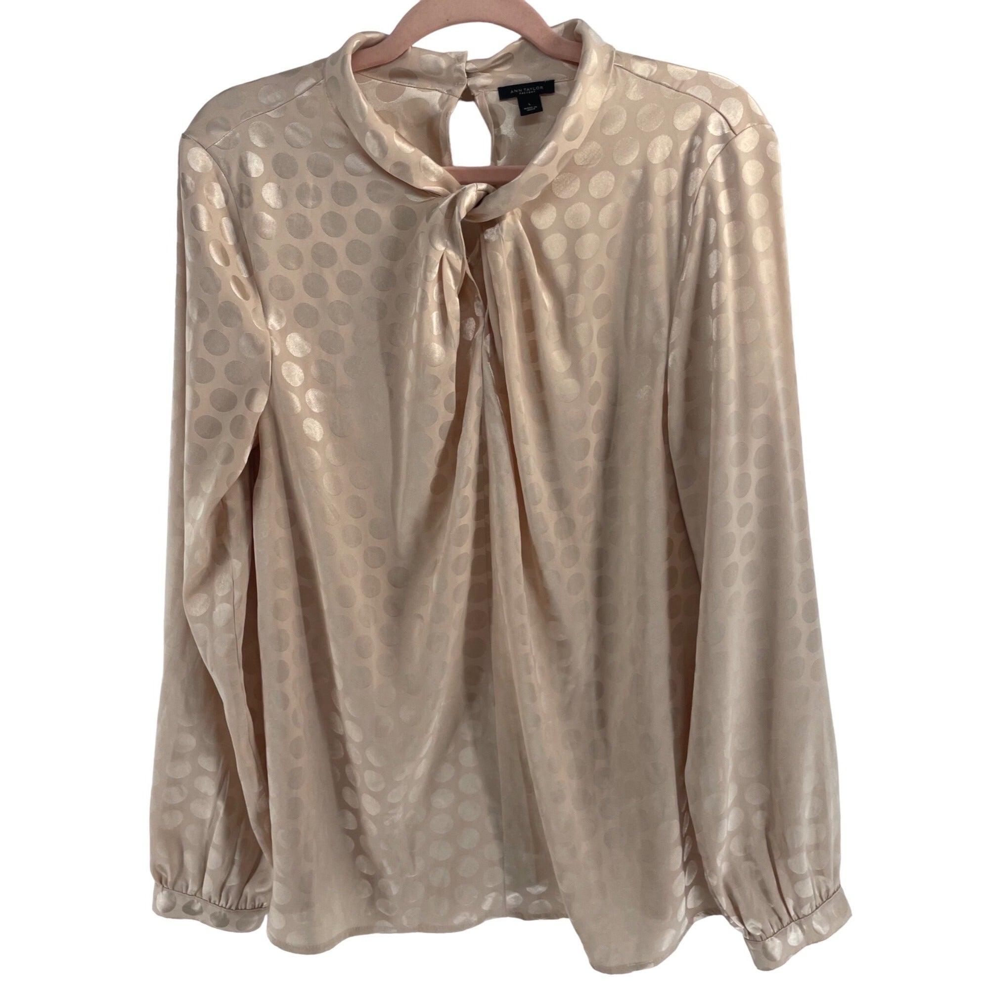 Ann Taylor Women's Size Large Satin Cream Shimmery Polka Dot Blouse