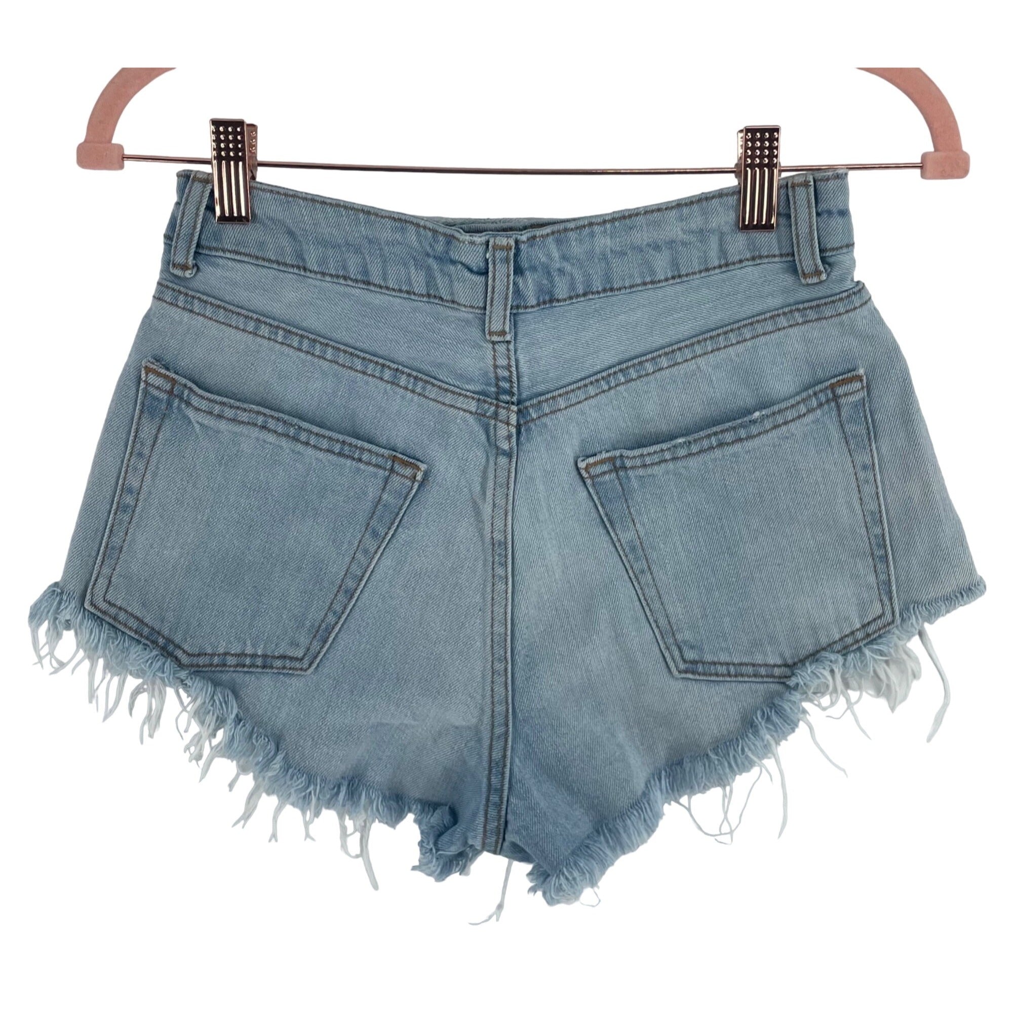 Topshop Moto MOM Women's Size 8 Light Blue Denim Shorts W/ Fringe Hem