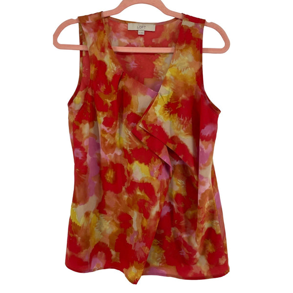 LOFT Women's Size Medium Sleeveless Red/Pink/Orange/Yellow Floral Ruffle Blouse