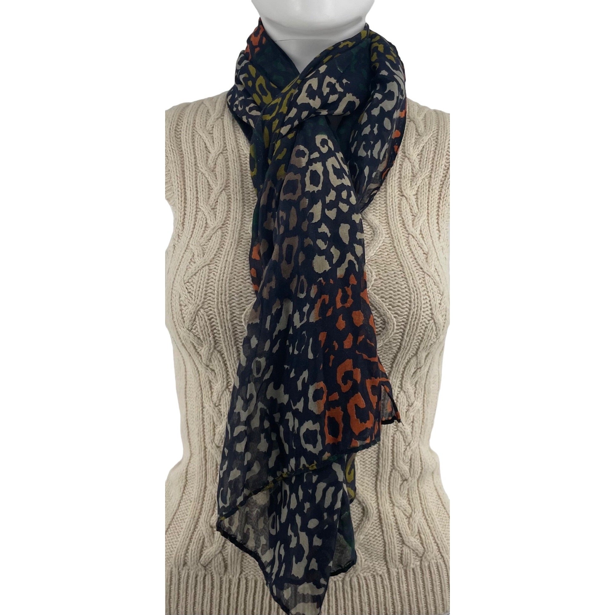 Women's Multi-Colored Green, Blue, Orange, Brown, Black & White Leopard Print Sheer Scarf