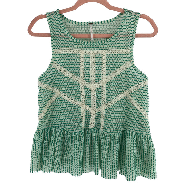 Free People Women's Size XS Green & Cream Sleeveless Sheer Lace Knit Top W/ Ruffle Hem