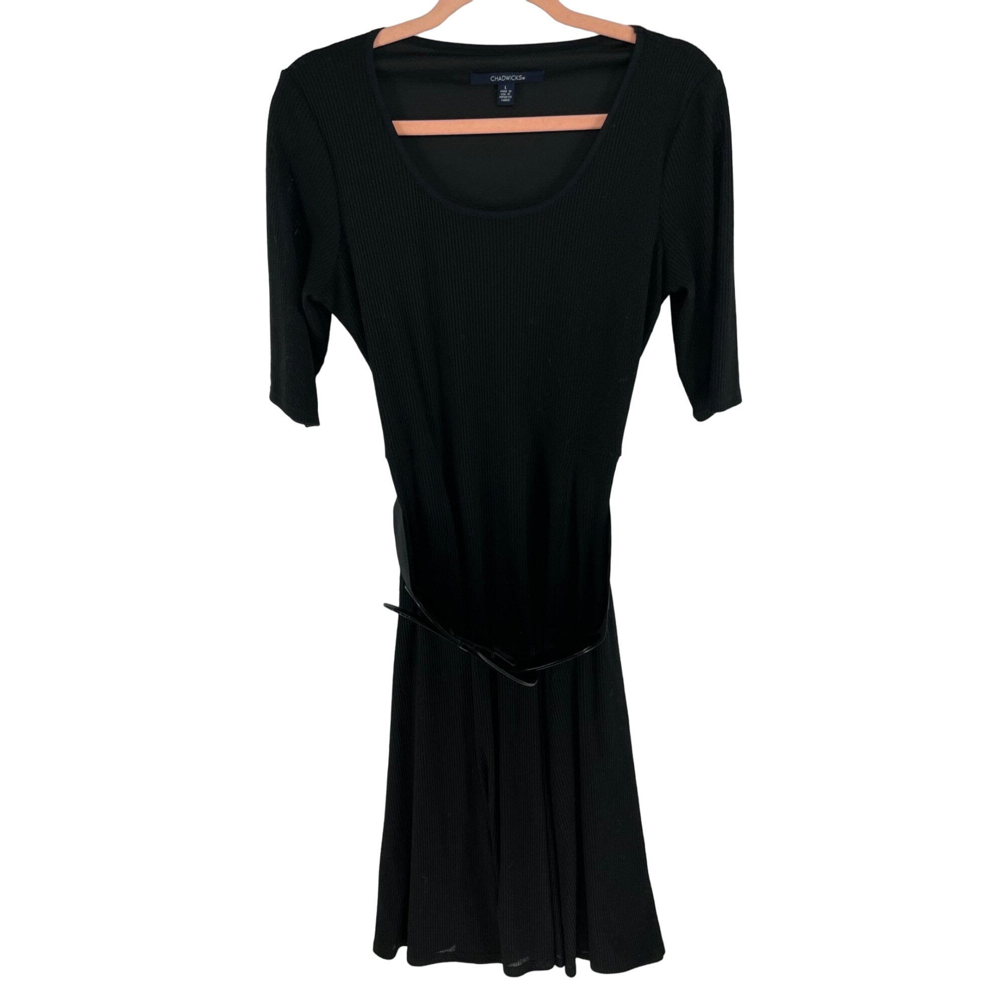 Chadwicks Women's Size Large Black A-Line Ribbed & Belted Stretchy Dress