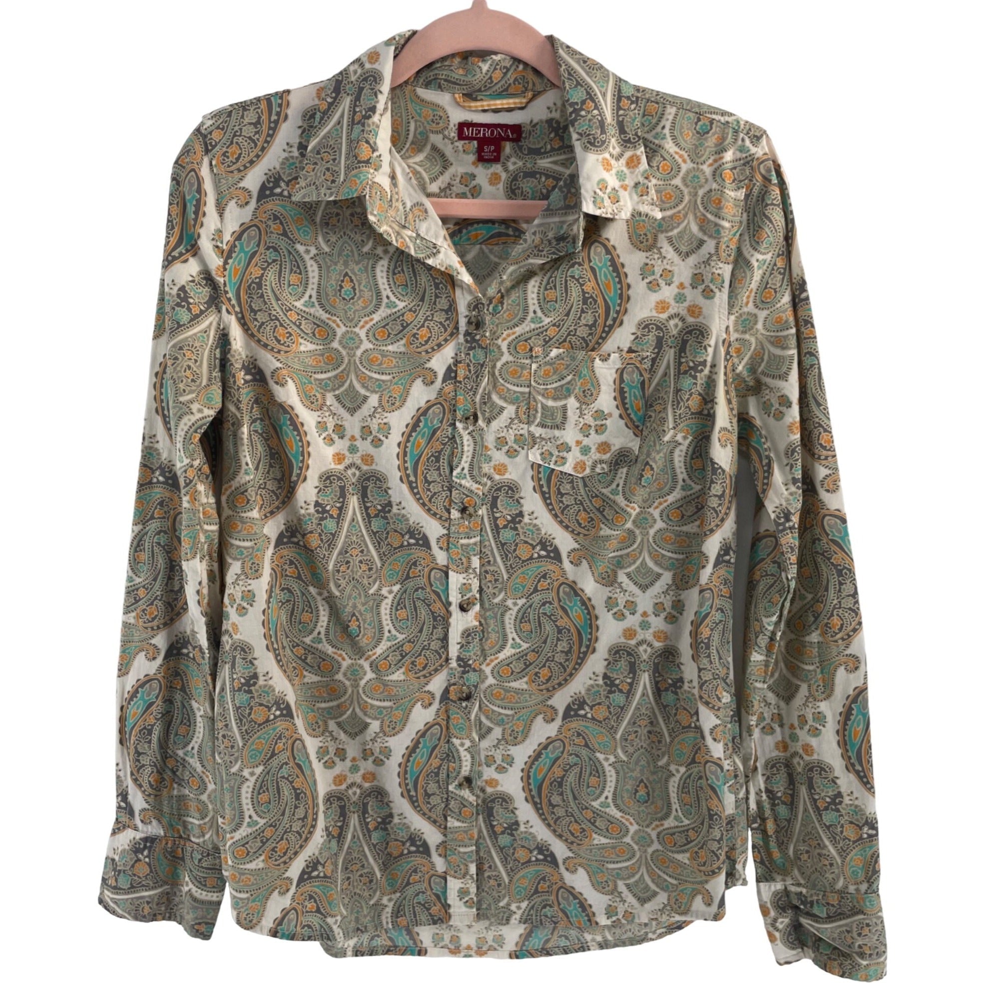 Merona Women's Size Small Orange, Teal, Grey & Tan Button-Down Paisley Shirt