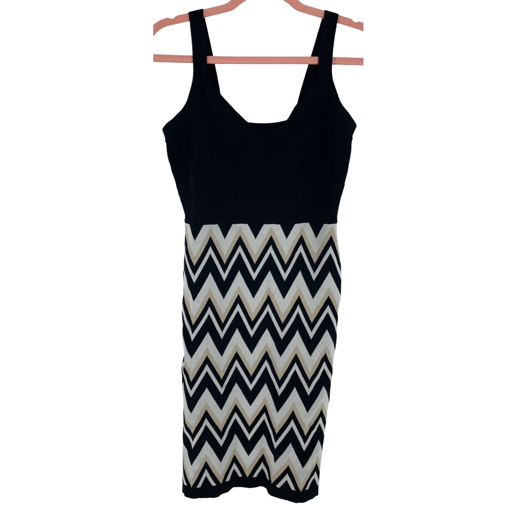 XOXO Women's Size XL Sleeveless Bandage Bodycon Chevron Striped Black/White/Tan Dress