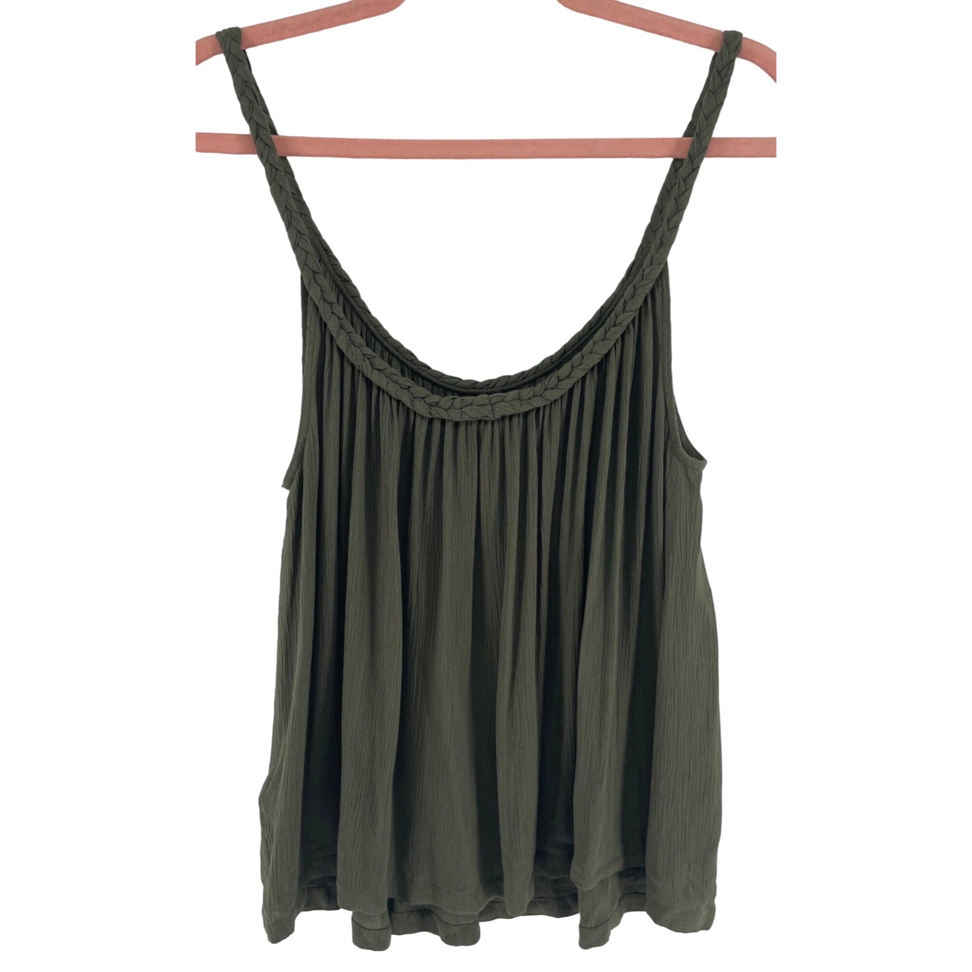 Topshop Women's Size 6 Olive Green/Army Green Roped Spaghetti Strap A-Line Pleated Top