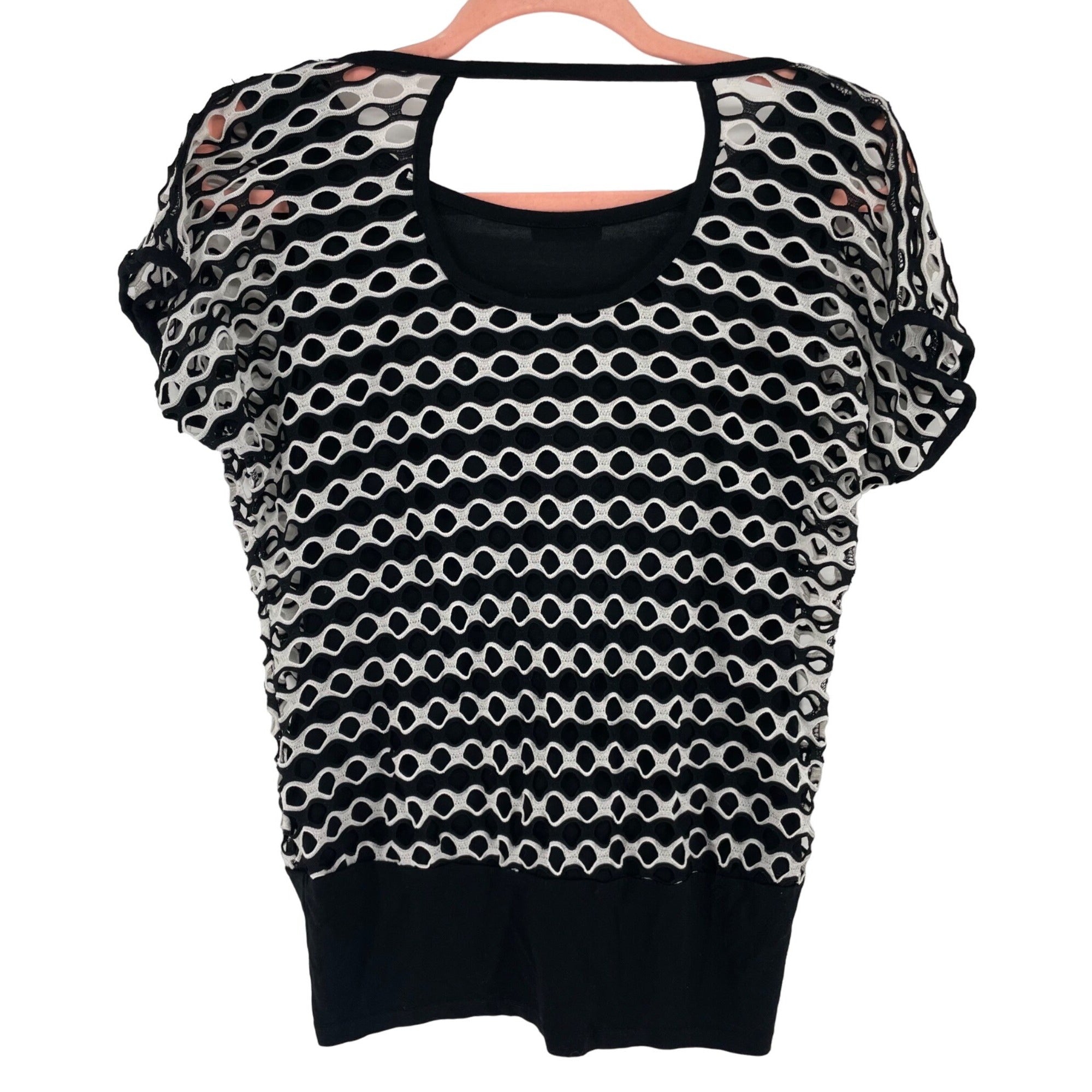 Mazero Collection Women's Size Medium Black & White Mesh Overlay Short-Sleeved Top