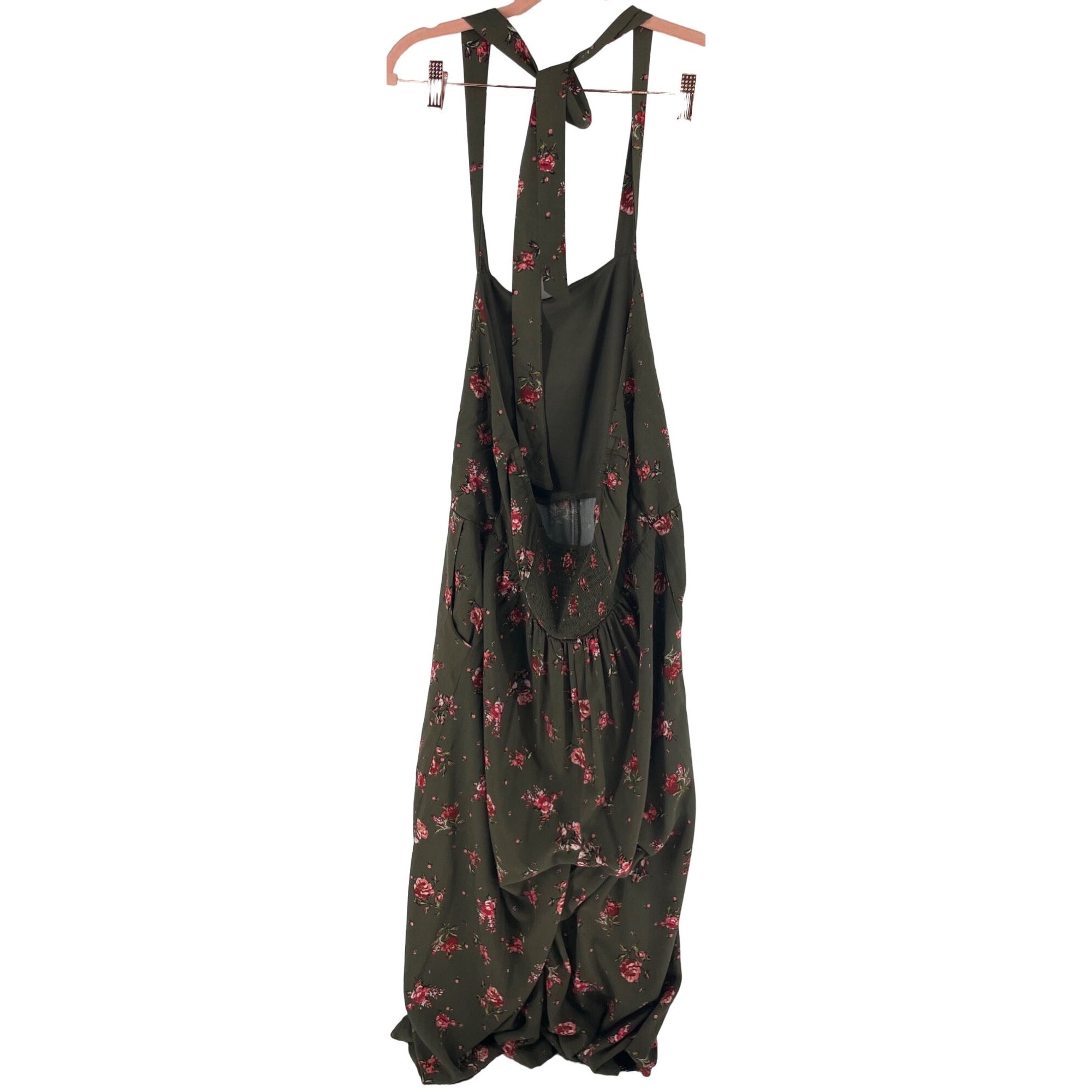 Xhilaration Women's Size Large Olive Green, Pink & White Floral Wide-Leg Dungarees