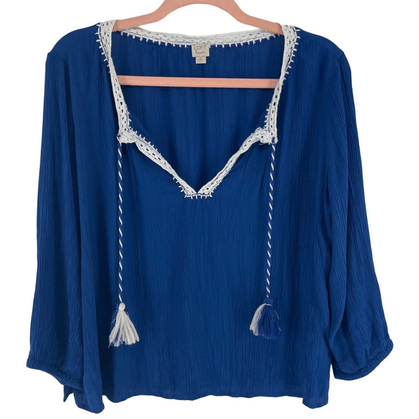 LOFT Beach Women's Size Medium Cobalt Blue & White Lace Trim W/ Tassel Top