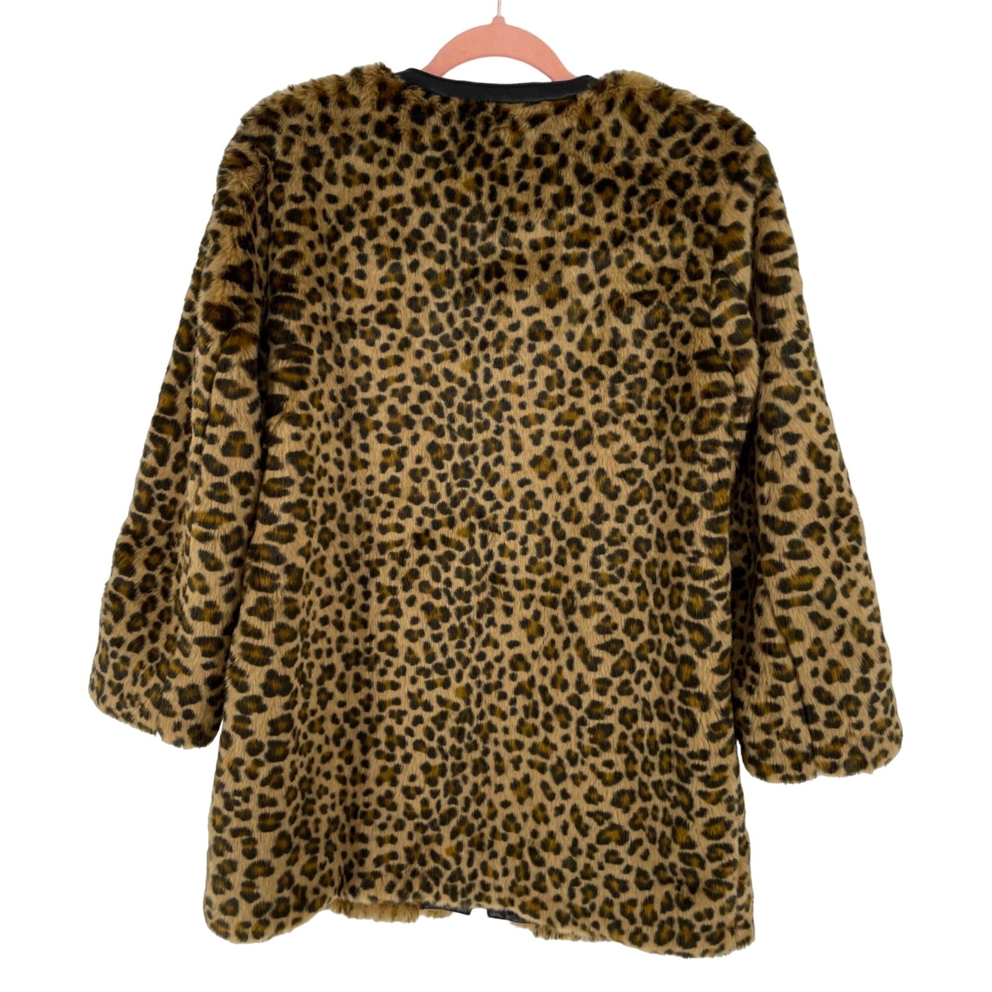 Lucky Brand Women's Small Faux Leopard Print Coat W/ Black Faux Leather Trim