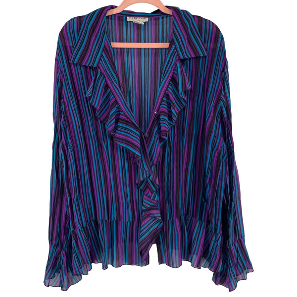 Notations Women's Size 2X Purple, Aqua & Black Striped Ruffle Crinkle Top W/ Flared Sleeves