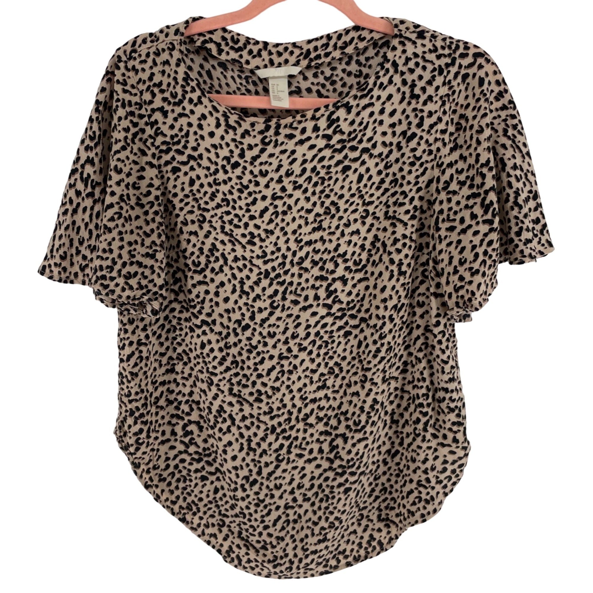 H&M Women's Size 6 Tan/Brown/Black Leopard Print Short-Sleeved Shirt