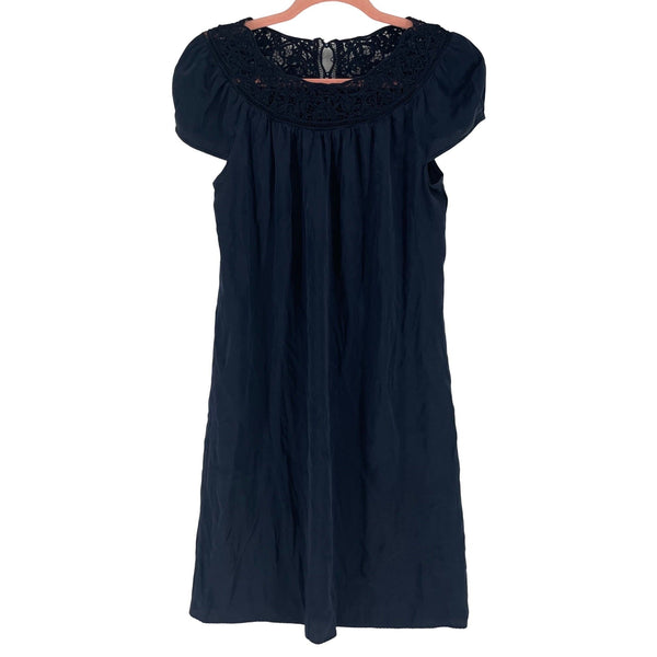 Elie Tahari Women's Size 0 Navy Silk Midi Dress W/ Lace Neckline