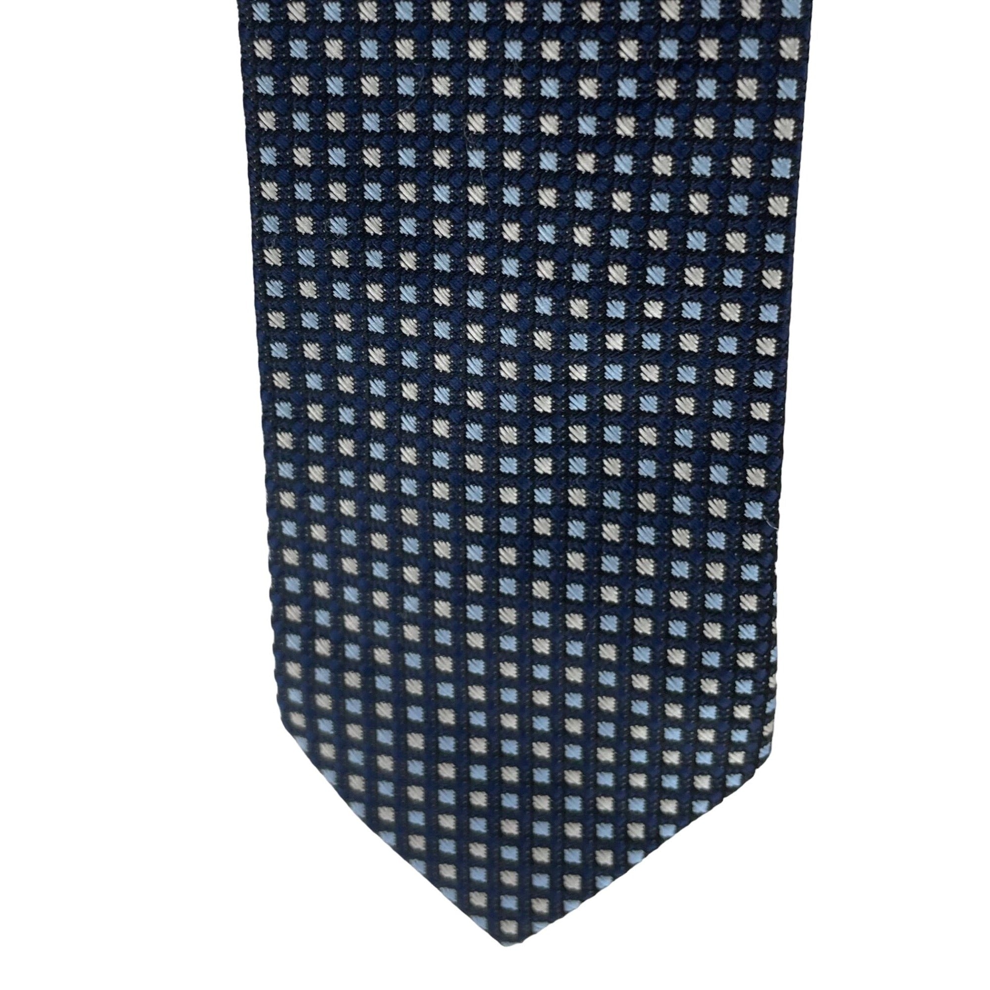 Men's Small Navy Clip-On Dress Tie W/ Silver and Light Blue Squares