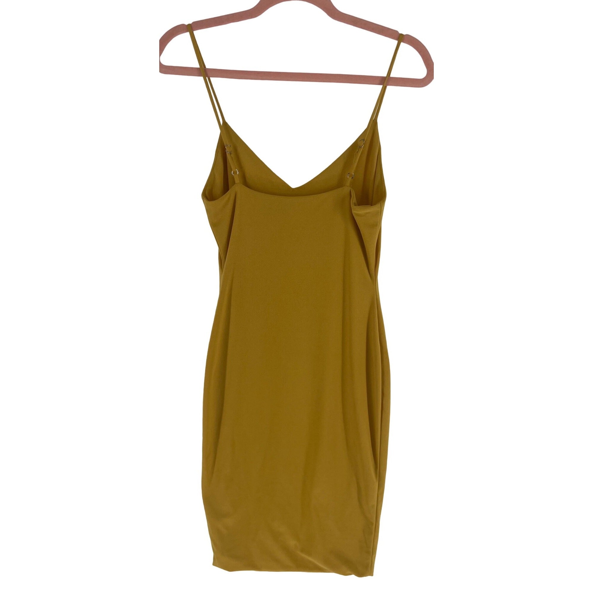 Iris Women's Small Spaghetti Strap Bodycon Mustard Yellow V-Neck Midi Dress