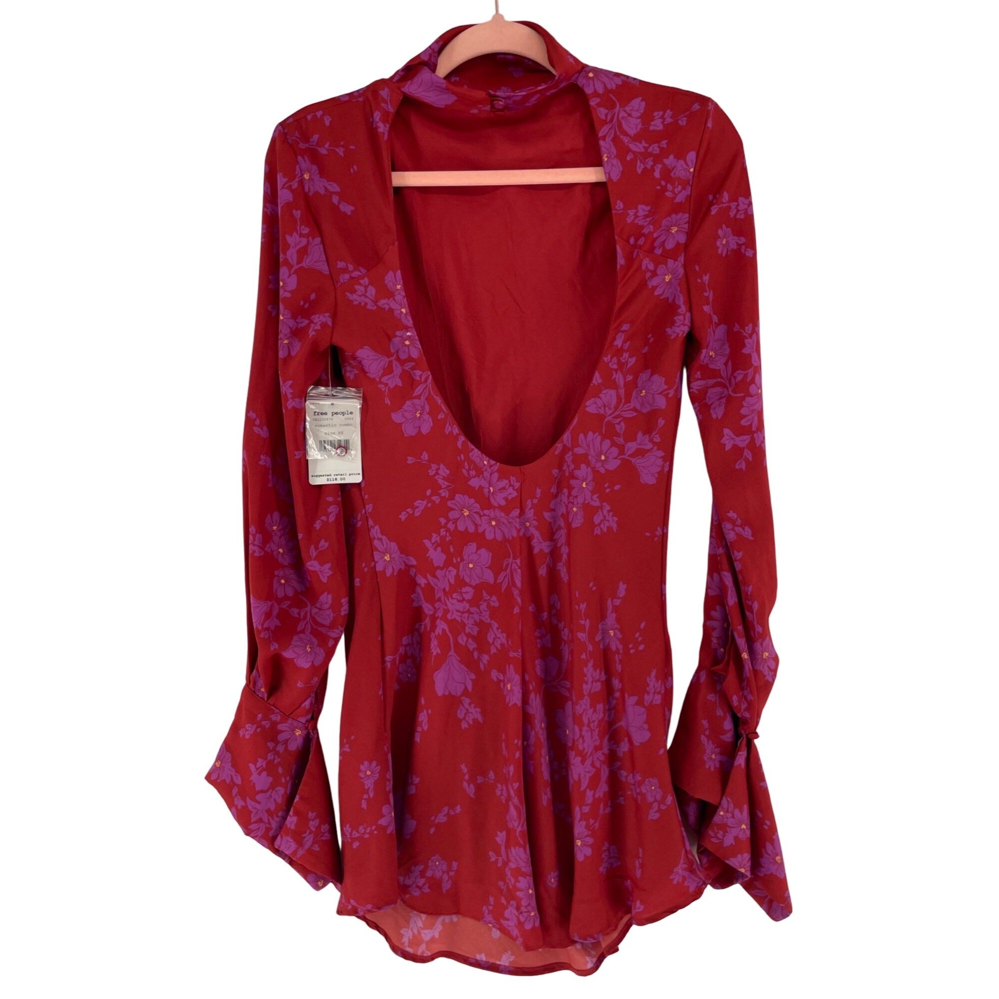 NWT Free People Women's XS Red Dress W/ Purple Flowers, Bell Sleeves & Open Back