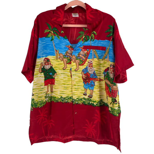 Rima Men's Size Large Short-Sleeved Button-Down Collared Beach Santa Party Graphic Shirt