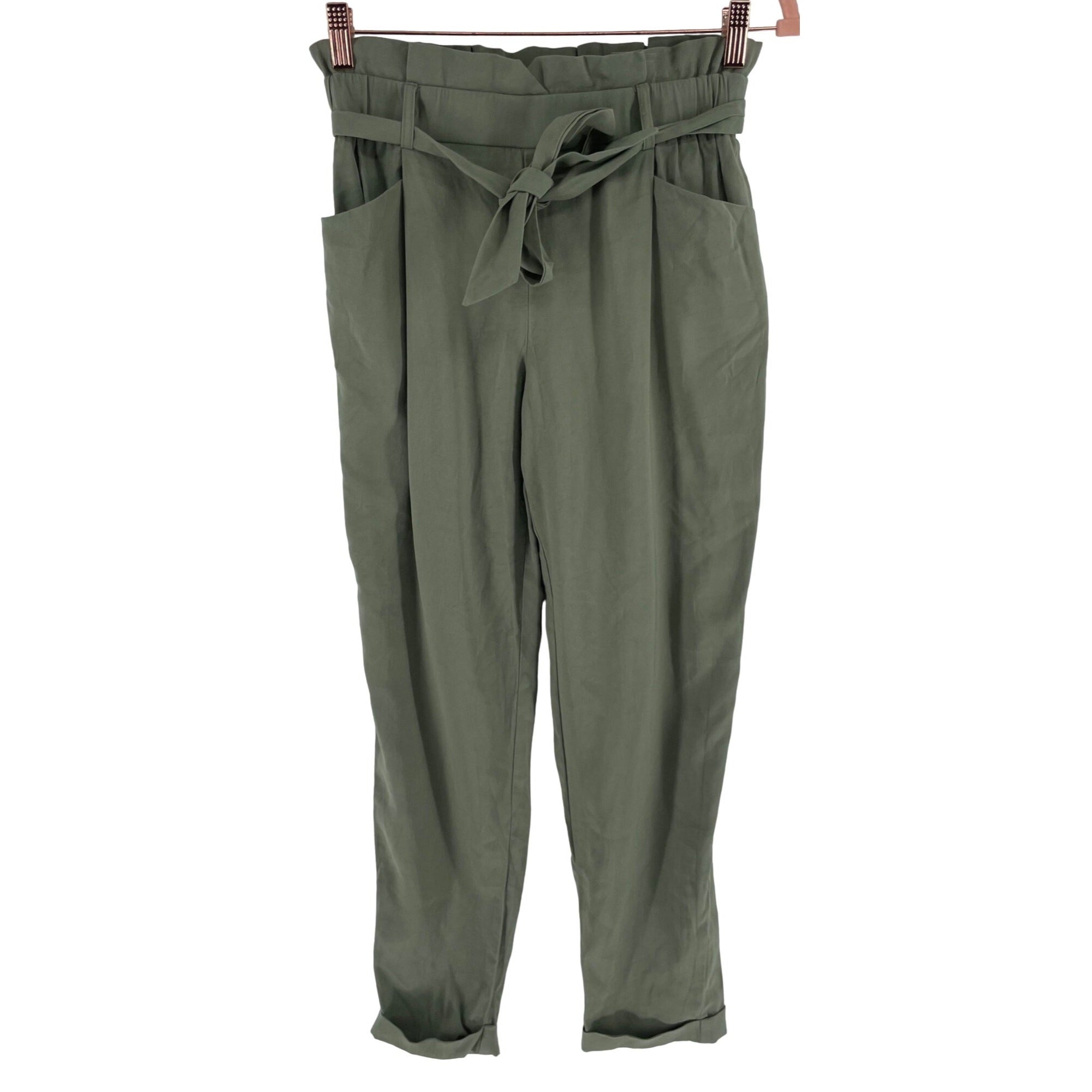 Zara Trf Women's Size Small Khaki Green Linen Elastic Waist Band Safari Slacks/Pants