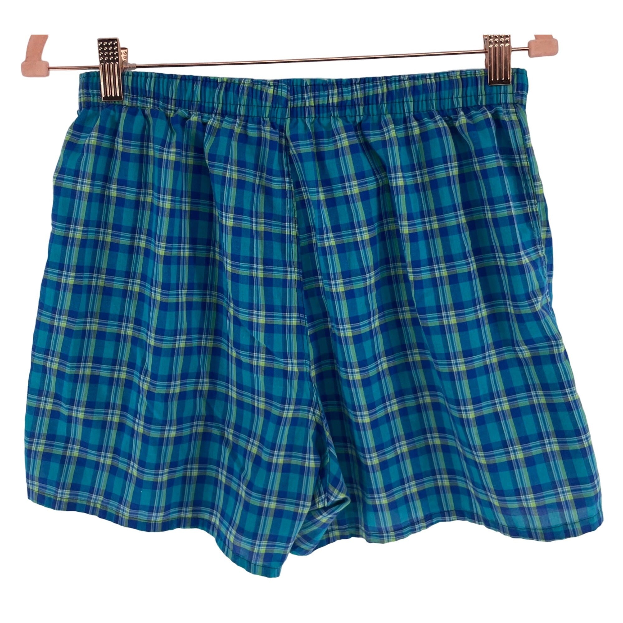 Hanes Men's Size Medium Comfort Blend Teal/Cobalt Blue/Lime Green Plaid Boxer Shorts