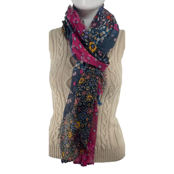 Women's Fuchsia and Blue Floral Print Scarf W/ Fringe Hem