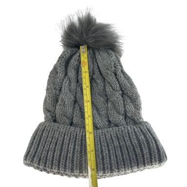 Women's Size Small Grey Cable-Knit Faux Fur Pom Pom Poof Beanie