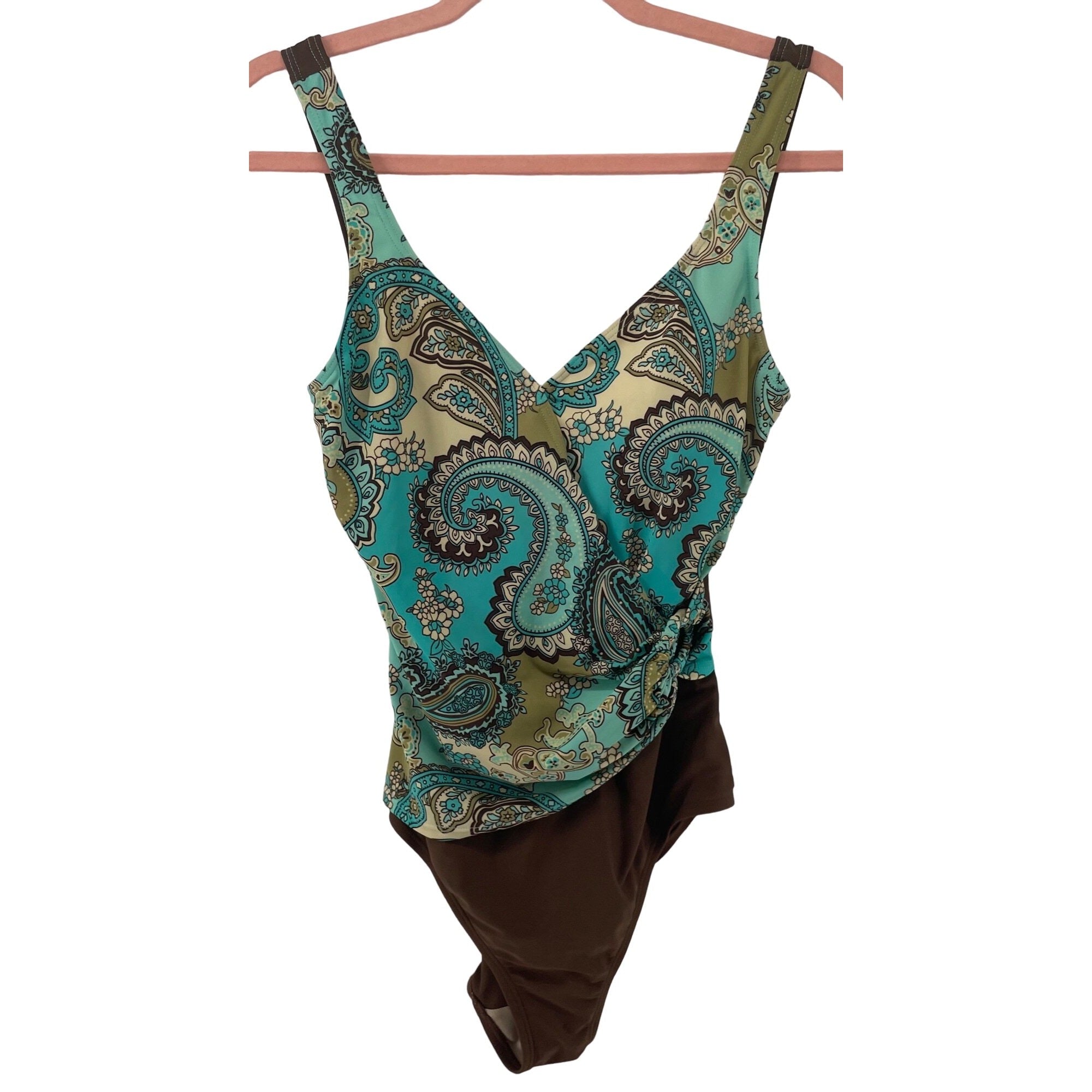 Beach Bay Women's Size 12 Teal, Tan & Brown Paisley Print Swimsuit