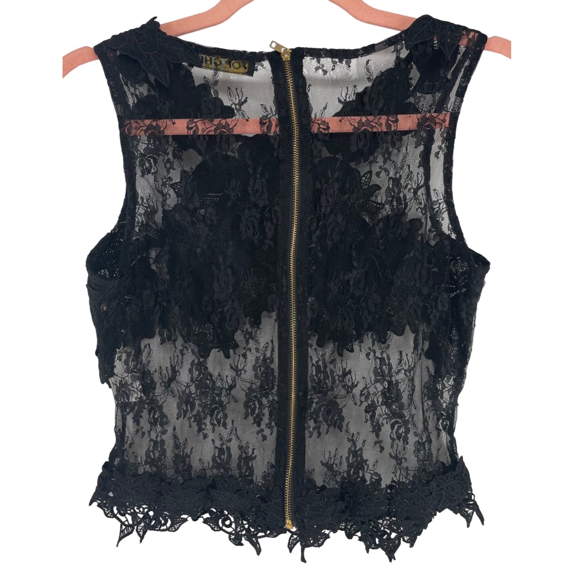 Top Chic Women's Size Large Black Sleeveless See-Through Sheer Floral Lace Top