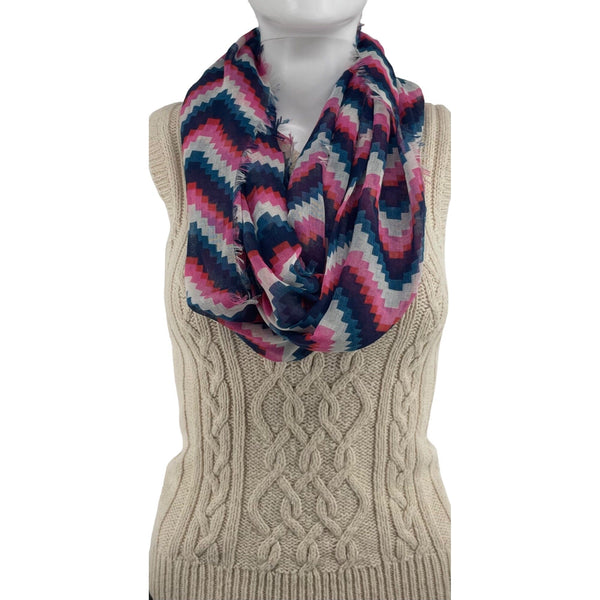 NWOT Women's Multi-Colored Blue, Red, Pink & White Sheer Chevron Infinity Scarf W/ Fringe Hem