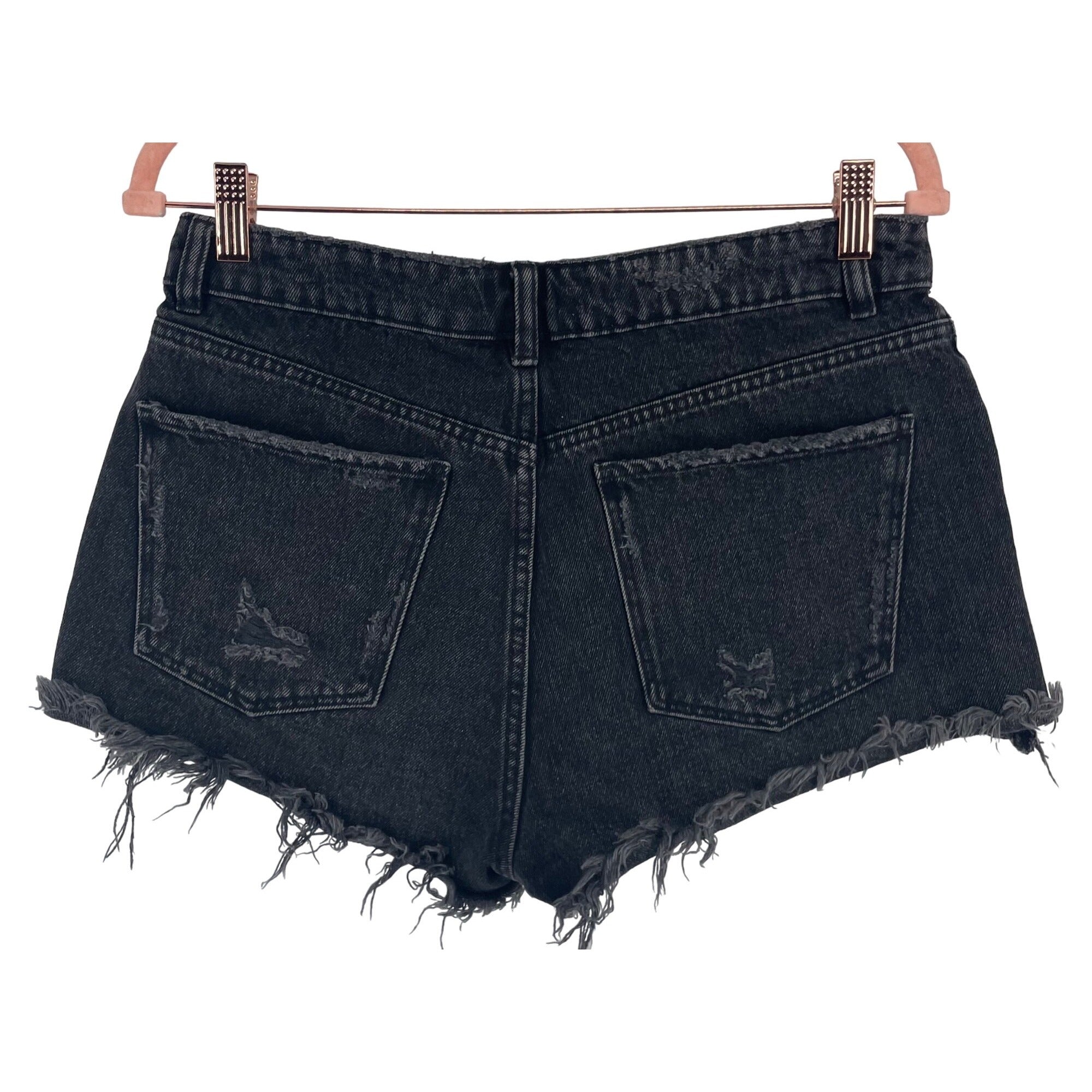 Zara Women's Size 6 Black Distressed Denim High-Waisted Shorts W/ Fringe Hem