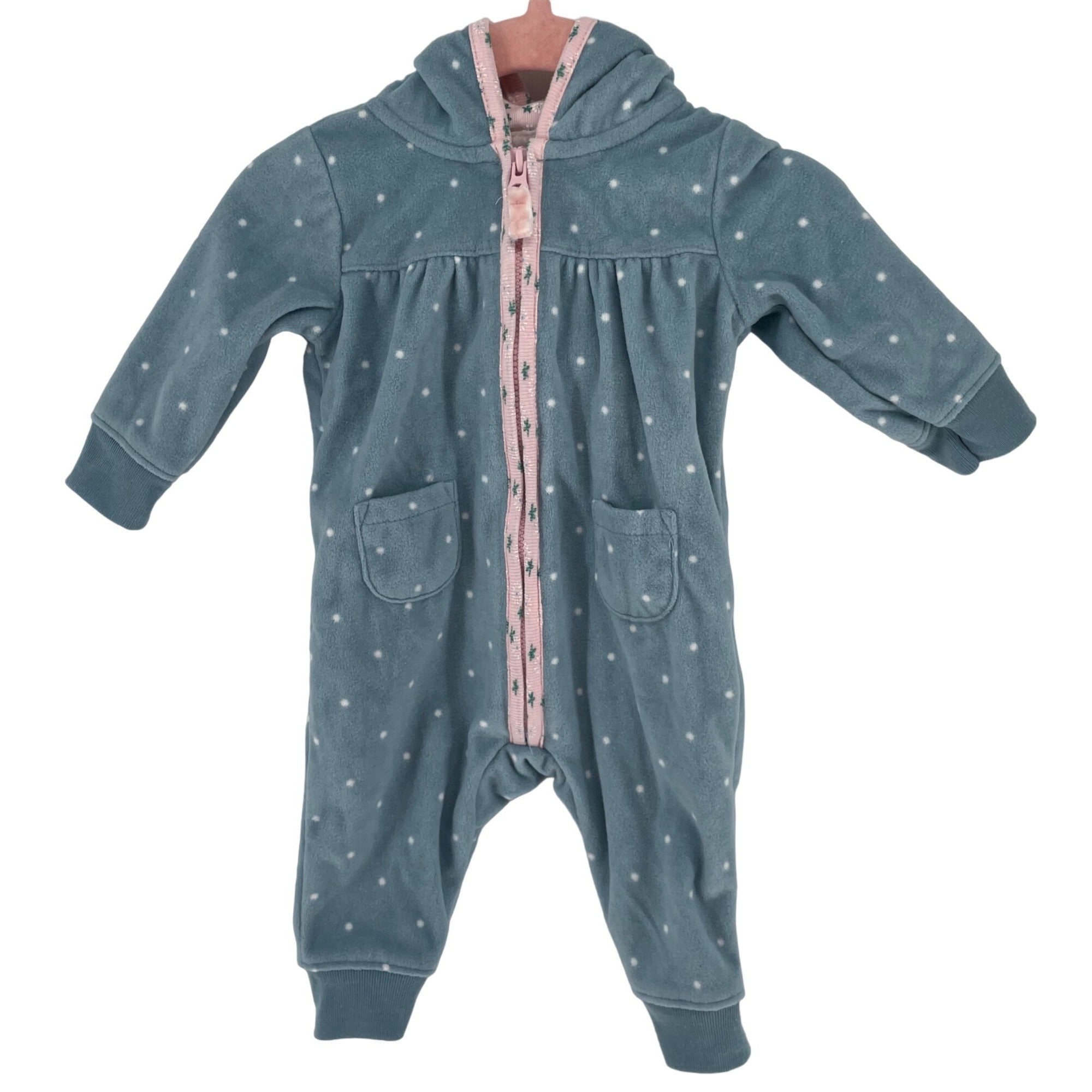 Carter's Girl's Size 3M Blue/Pink/Green Polka Dot Flannel Fox Print Onesie