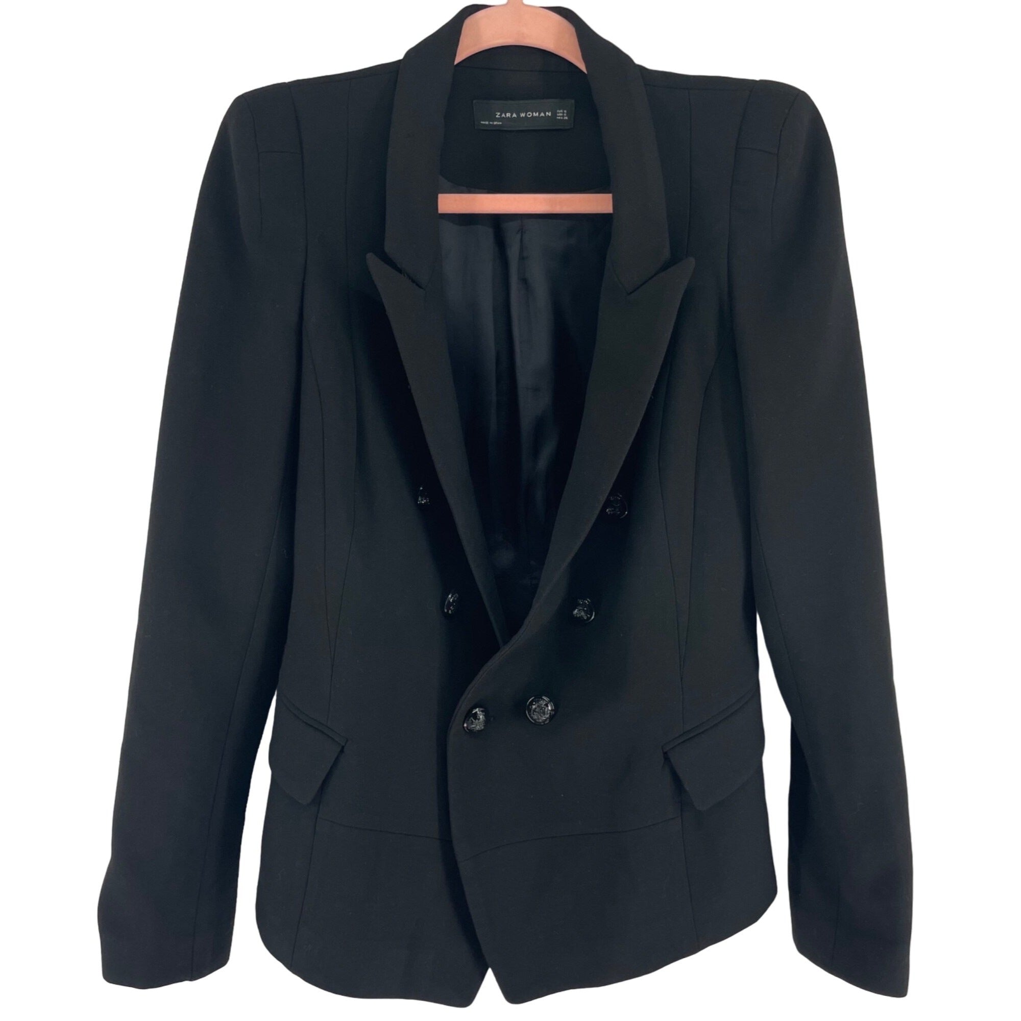 Zara Women 's Size Small Black Long Formal Double-Breasted Dressy Blazer