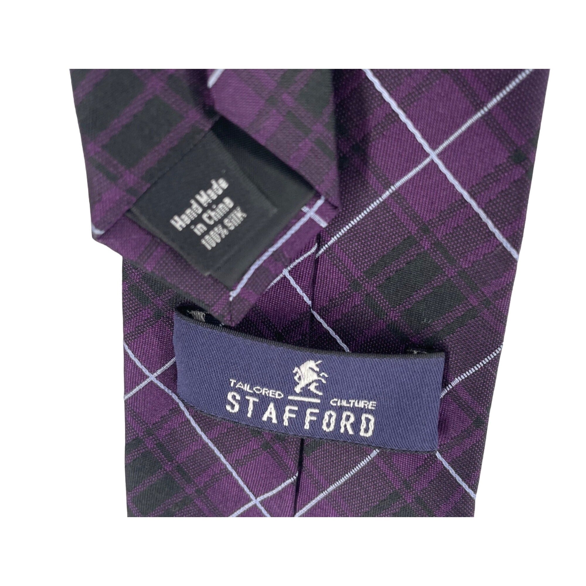 Stafford Men’s 100% Silk Purple, Black & White Plaid Dress Tie