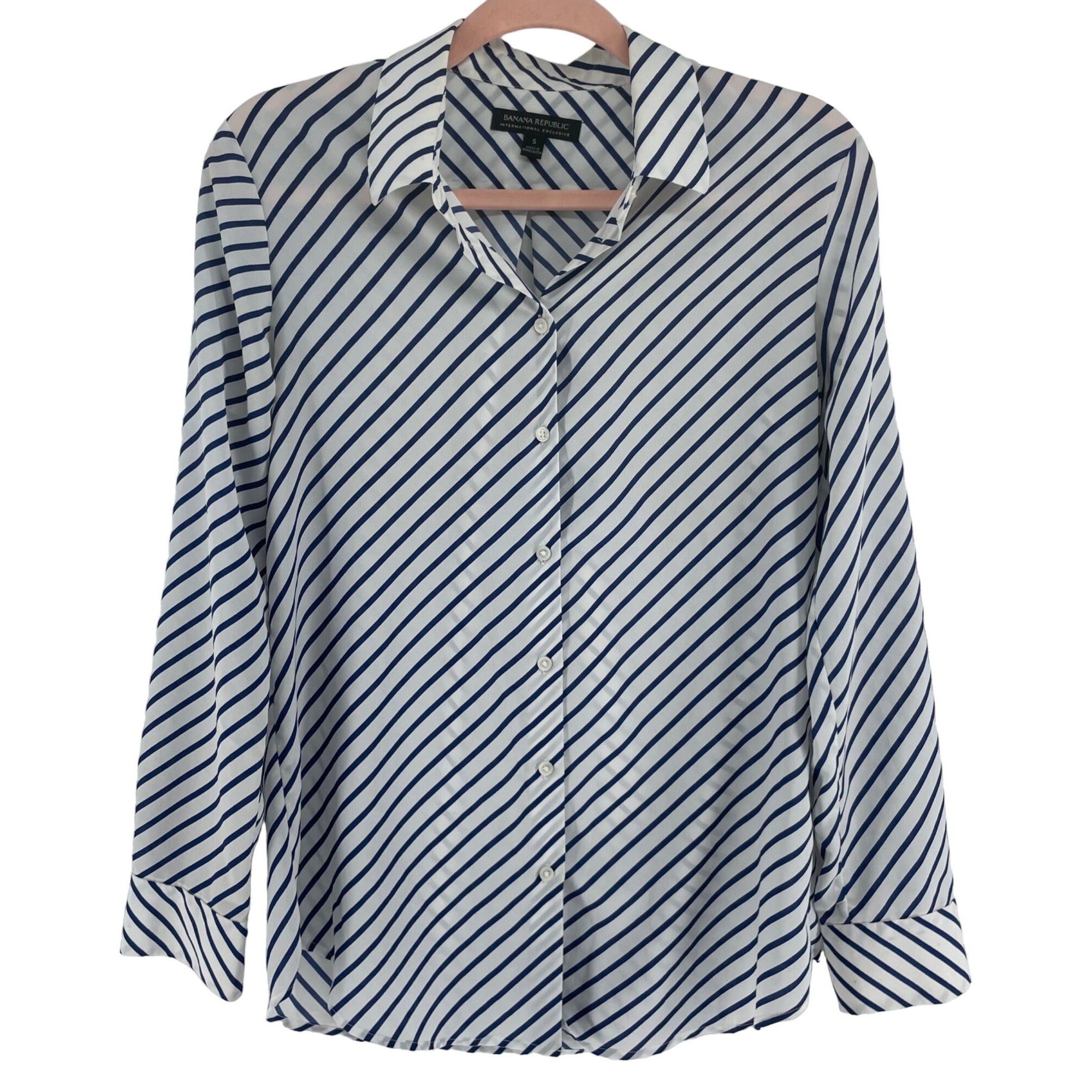 Banana Republic Women's Size Small White & Navy Blue Striped Long-Sleeved Button-Down Sheer Blouse