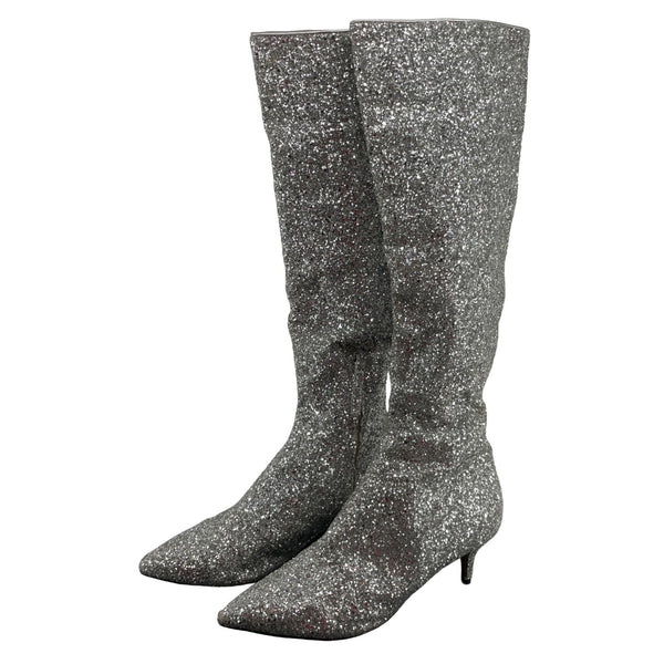 Women's Size 10 Sparkly Silver Knee-High Pointed Stiletto 3" High Boots