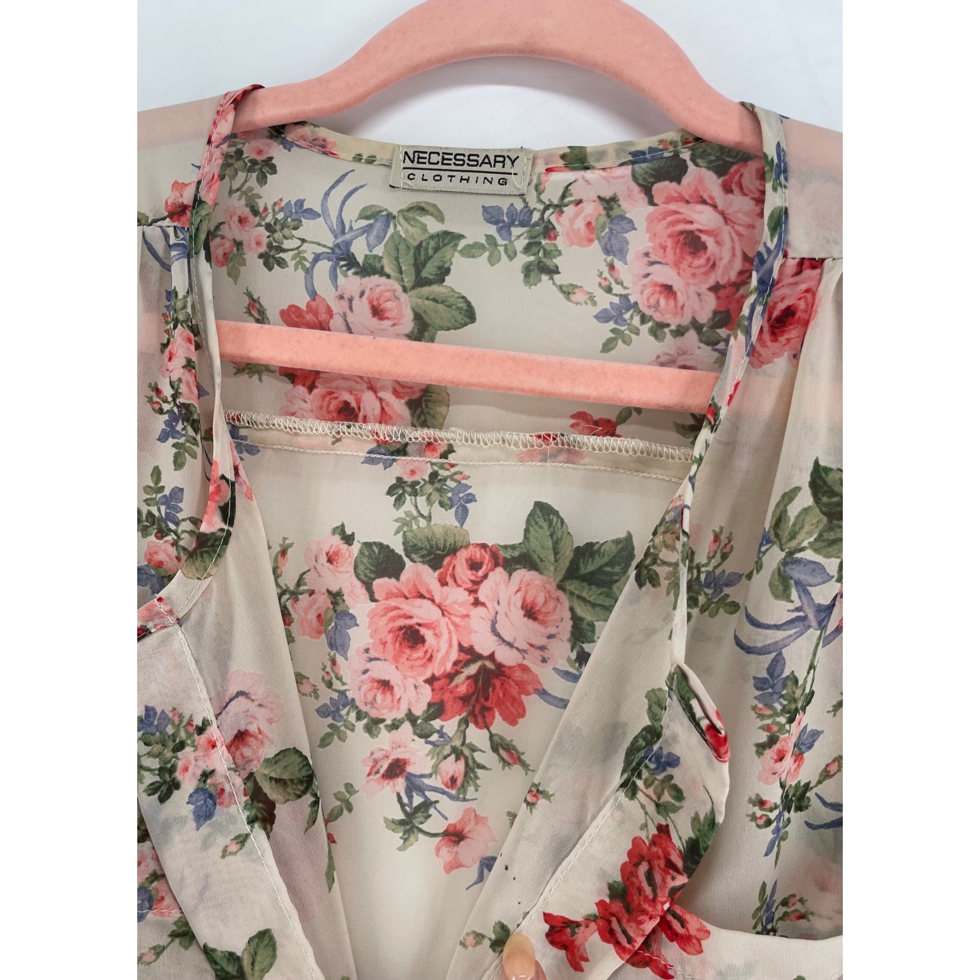 Necessary Clothing Women's Size Large Cream/Pink/Green/Blue Sheer Floral Blouse