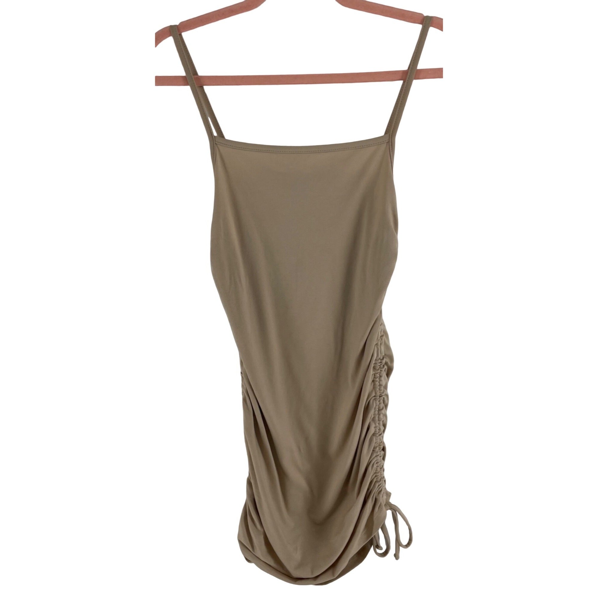 Women's Size Large Tan Spaghetti Strap Ruched Bodycon Mini Dress