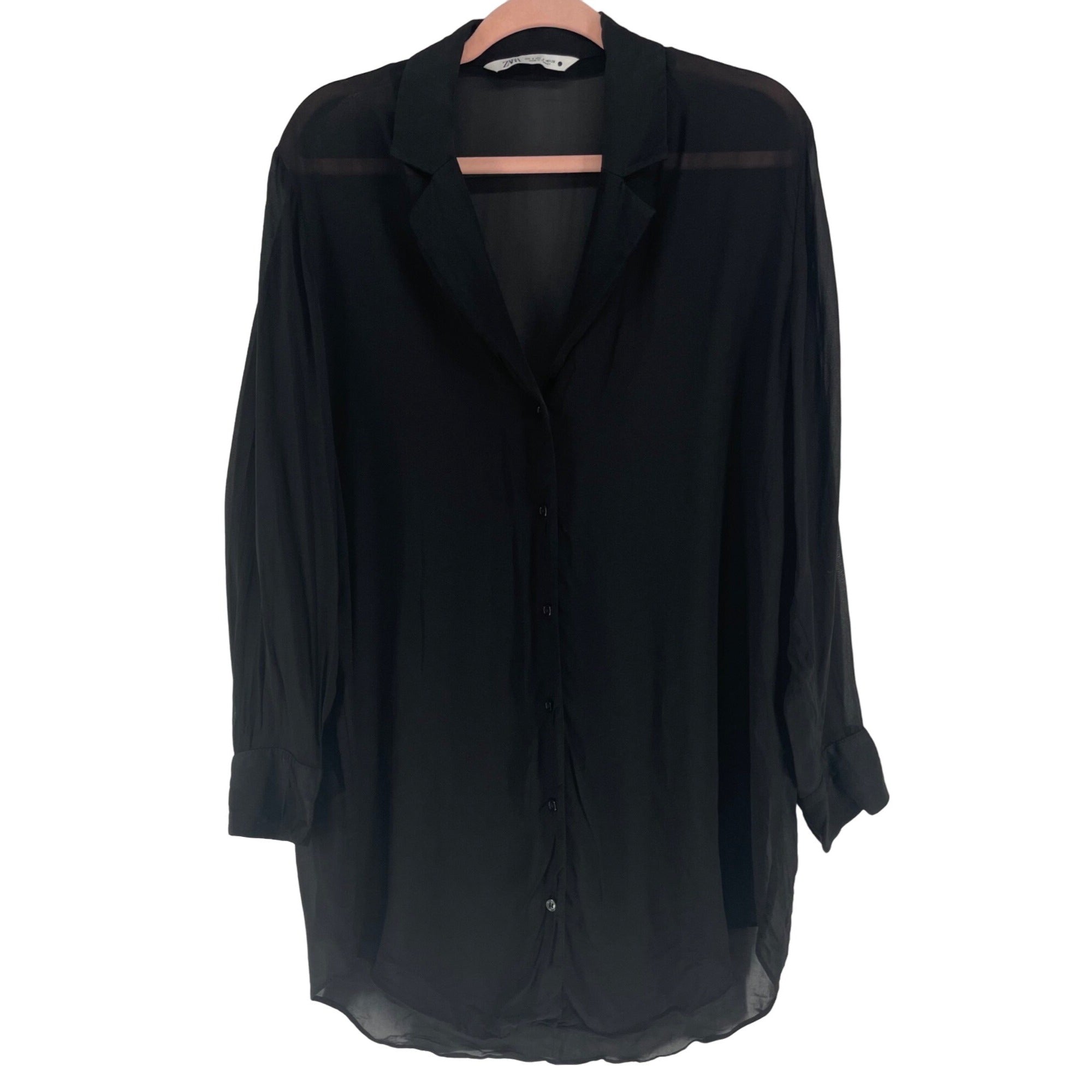 Zara Women's Size Small Black Long-Sleeved Button-Down Sheer Shirt Dress