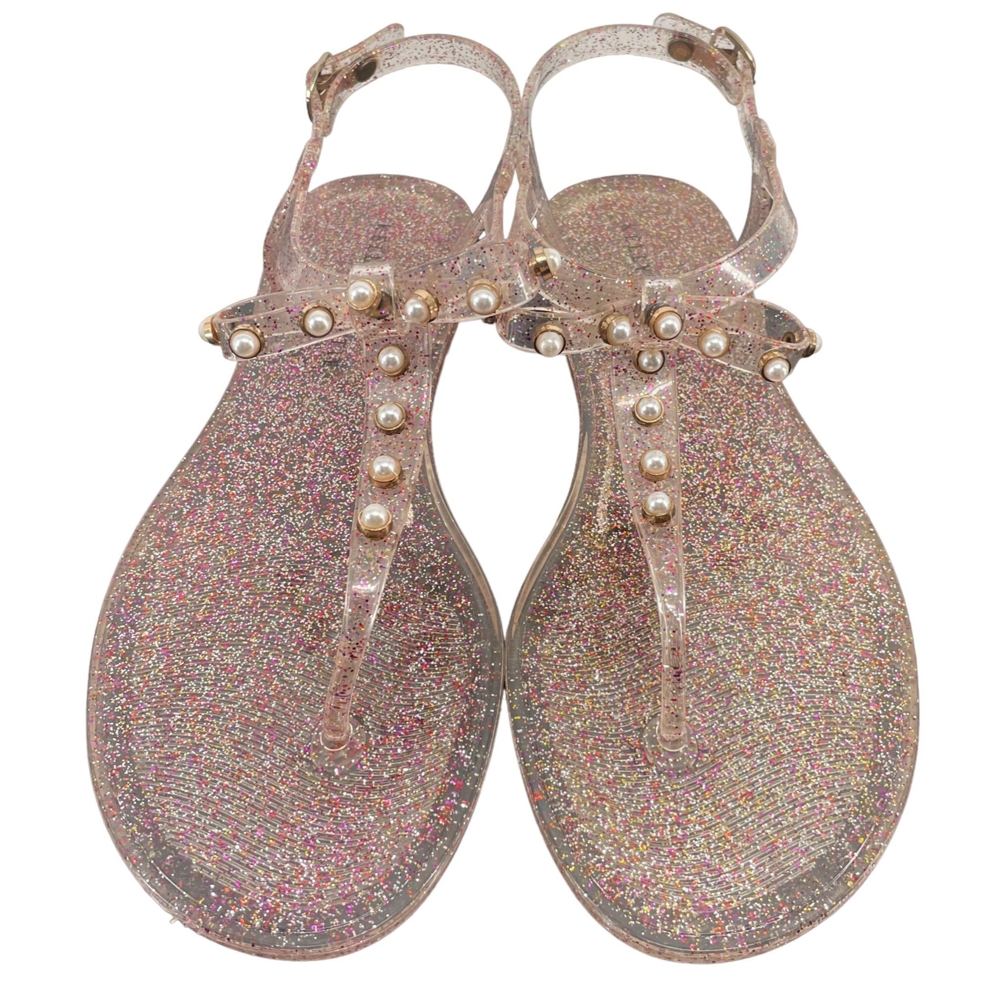 Kelly & Katie Women's Size 8 Camile Sparkly Clear Jelly Pearl Flat Sandals