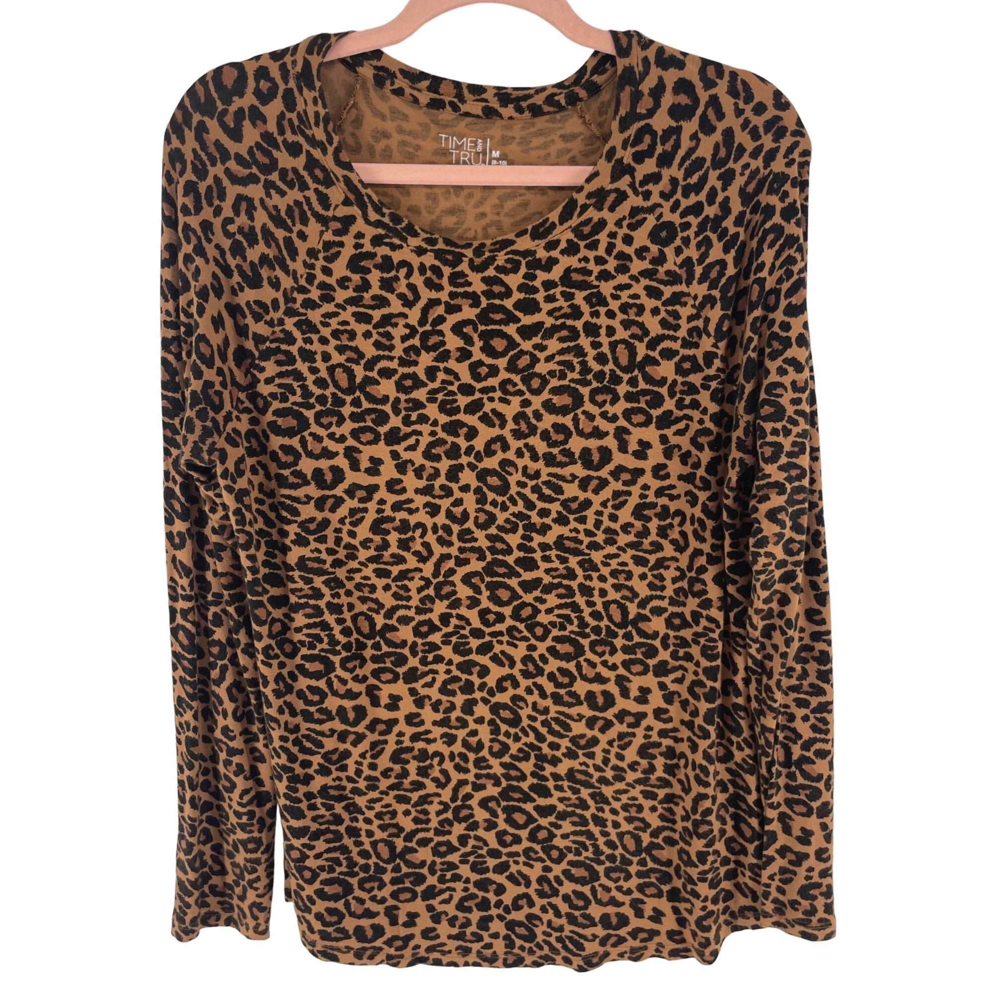 Time and Tru Women's Size Medium Black & Brown Leopard Print Long-Sleeved PJ Top